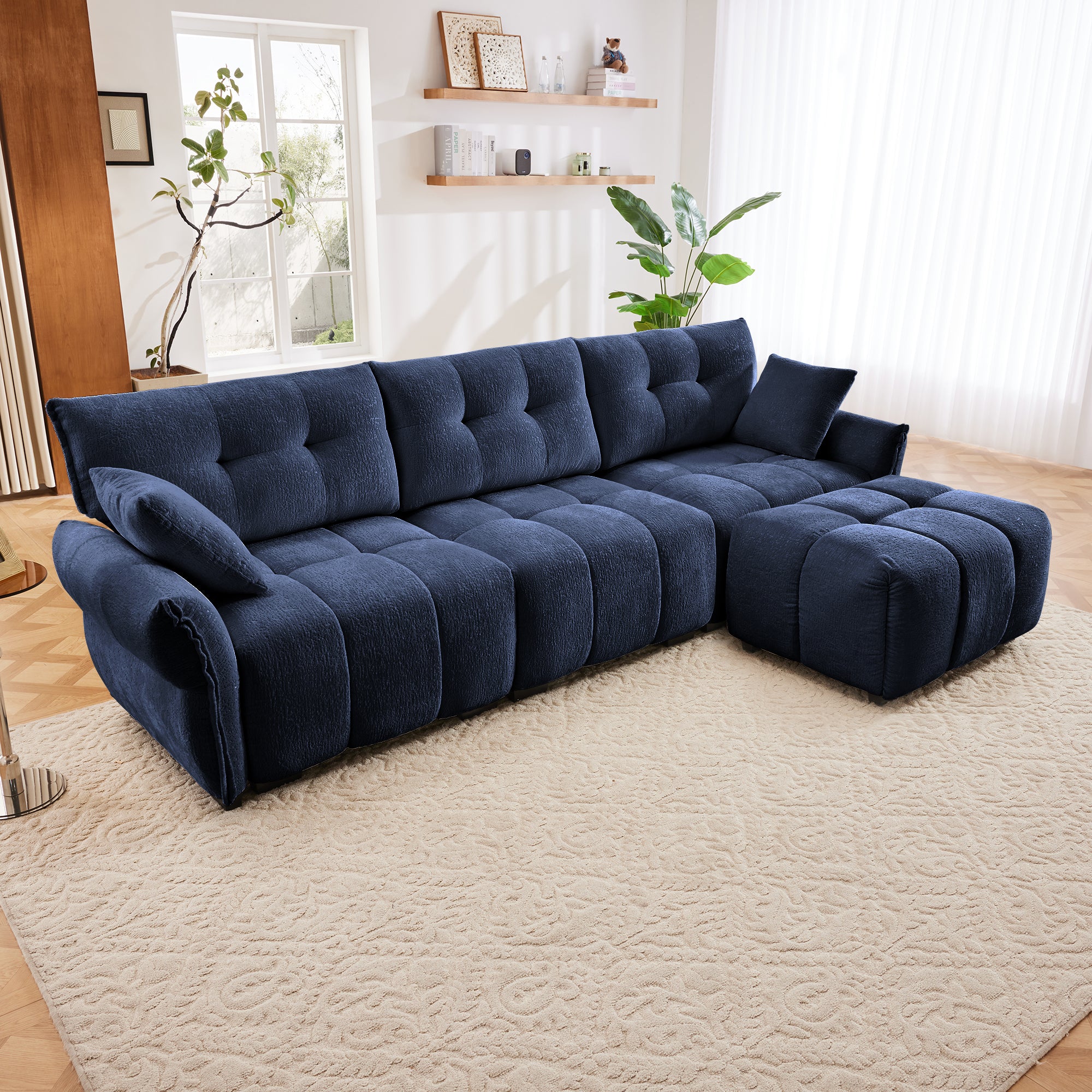 Walker Edison | Elegant Tufted Textured Chenille Blue Sofa Set with Ottoman and Pillows