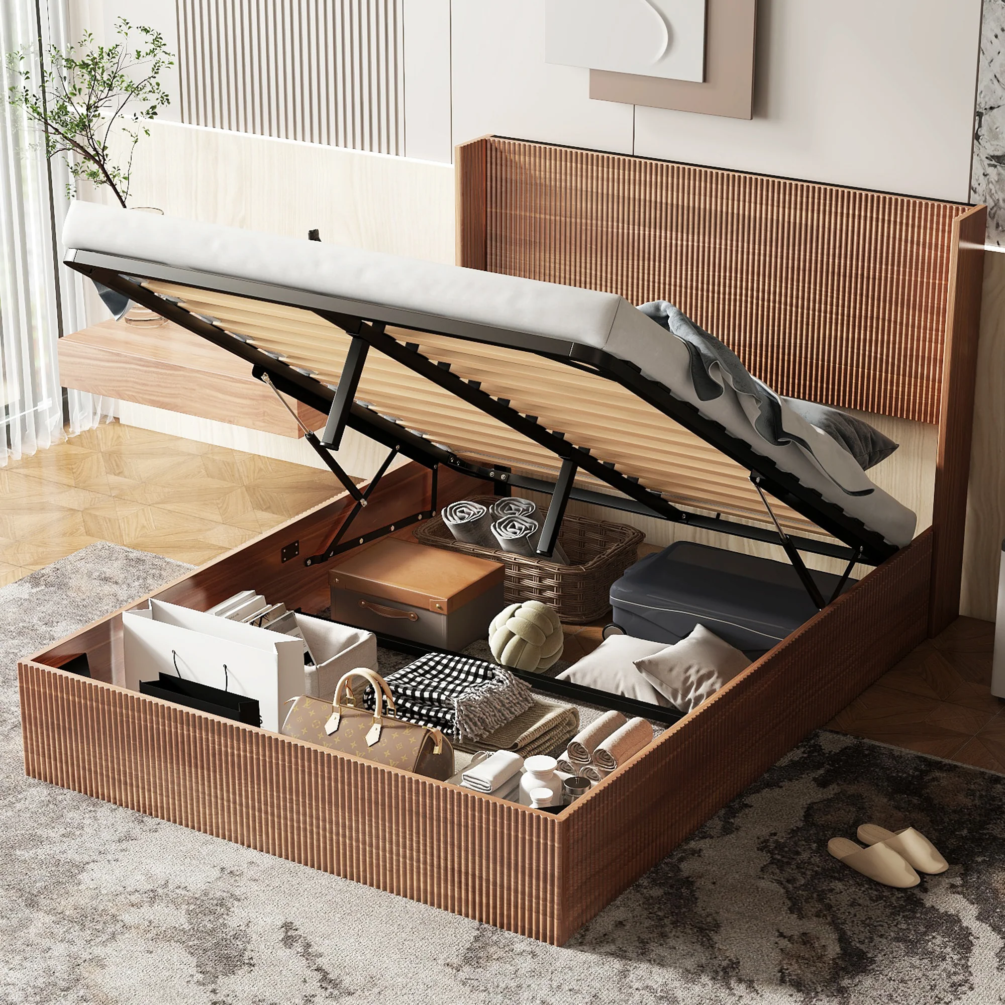 Walker Edison | Queen Modern Grooved Undulating Lift Storage Bedframe