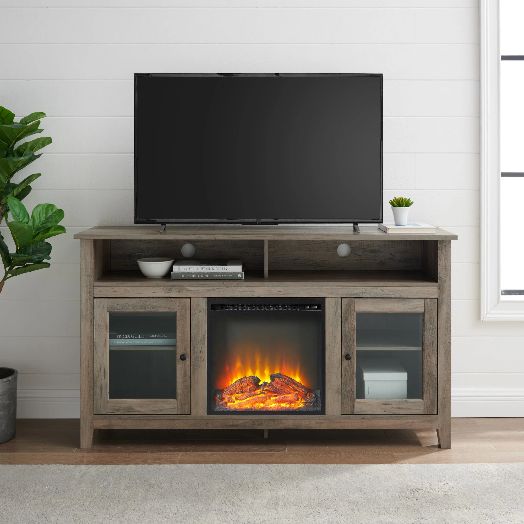 Wasatch 58 Transitional Fireplace Glass Wood TV Stand