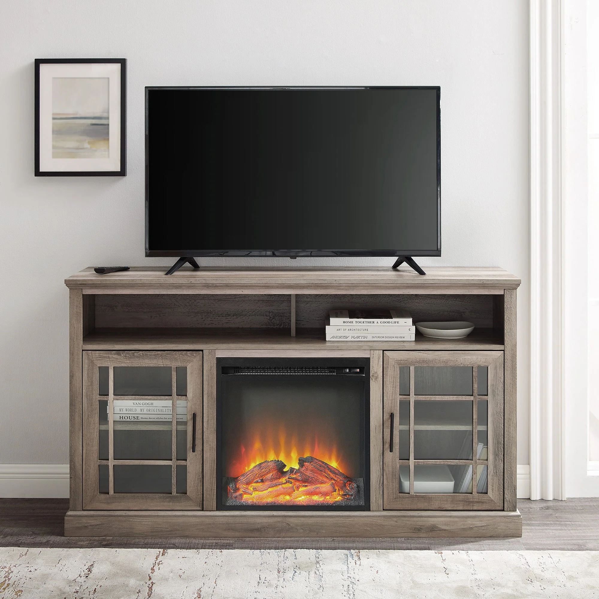 Hazel 58 Classic Glass Door Highboy Fireplace TV Stand