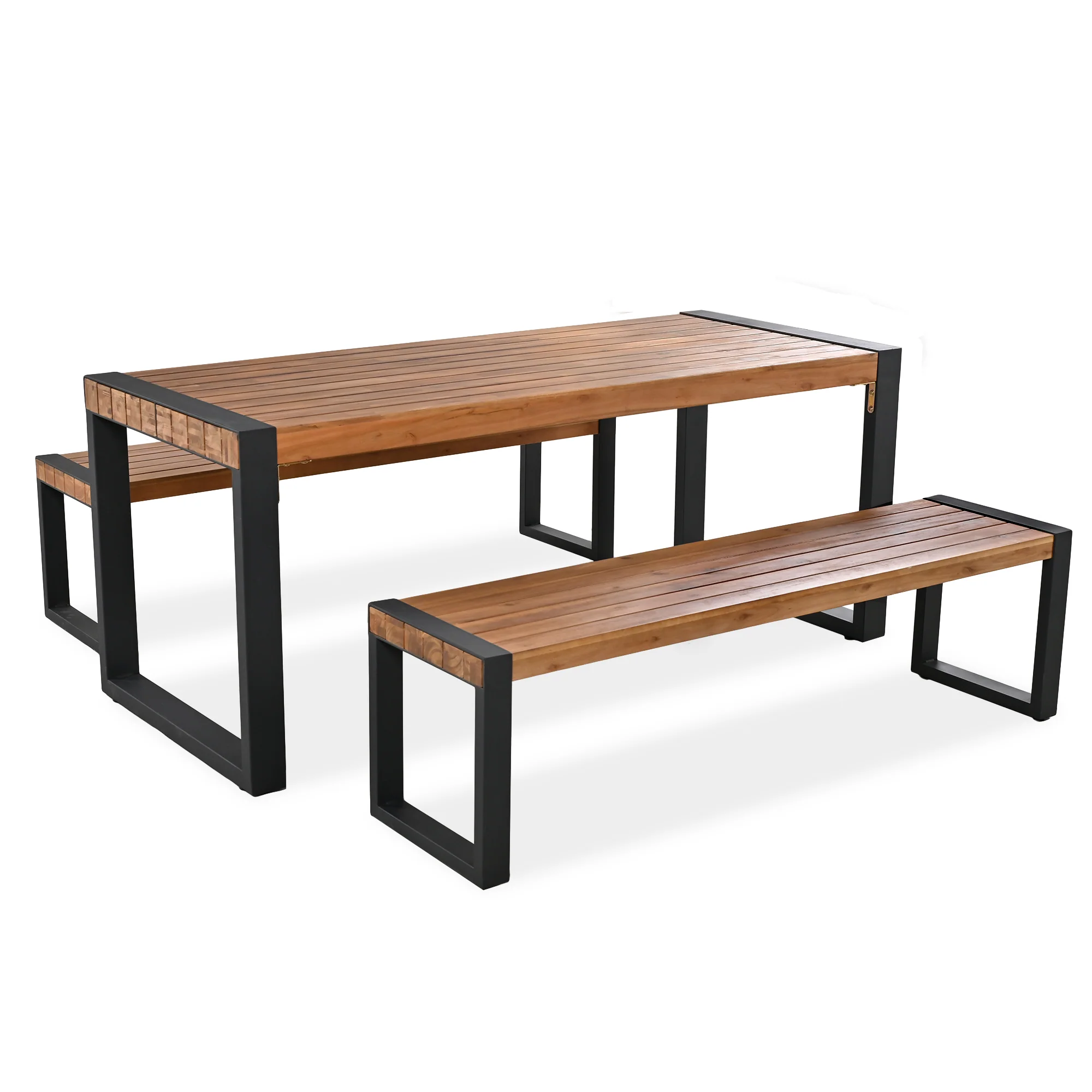 Walker Edison | Simple Outdoor Wood 3-pieces Dining Table With 2 Benches Set