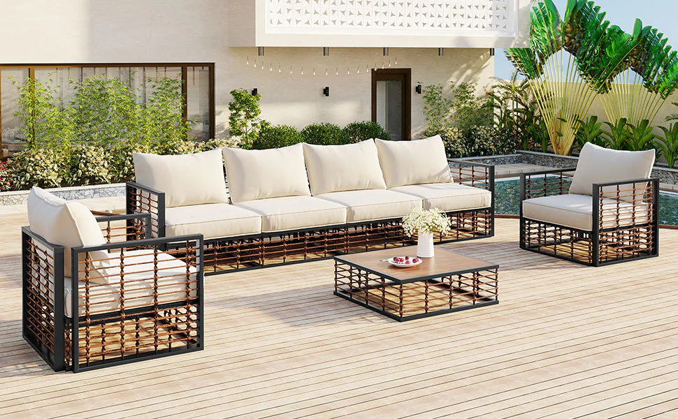 Walker Edison | Modern Minimalist 7-Piece Metal Outdoor Patio Sectional Sofa Set