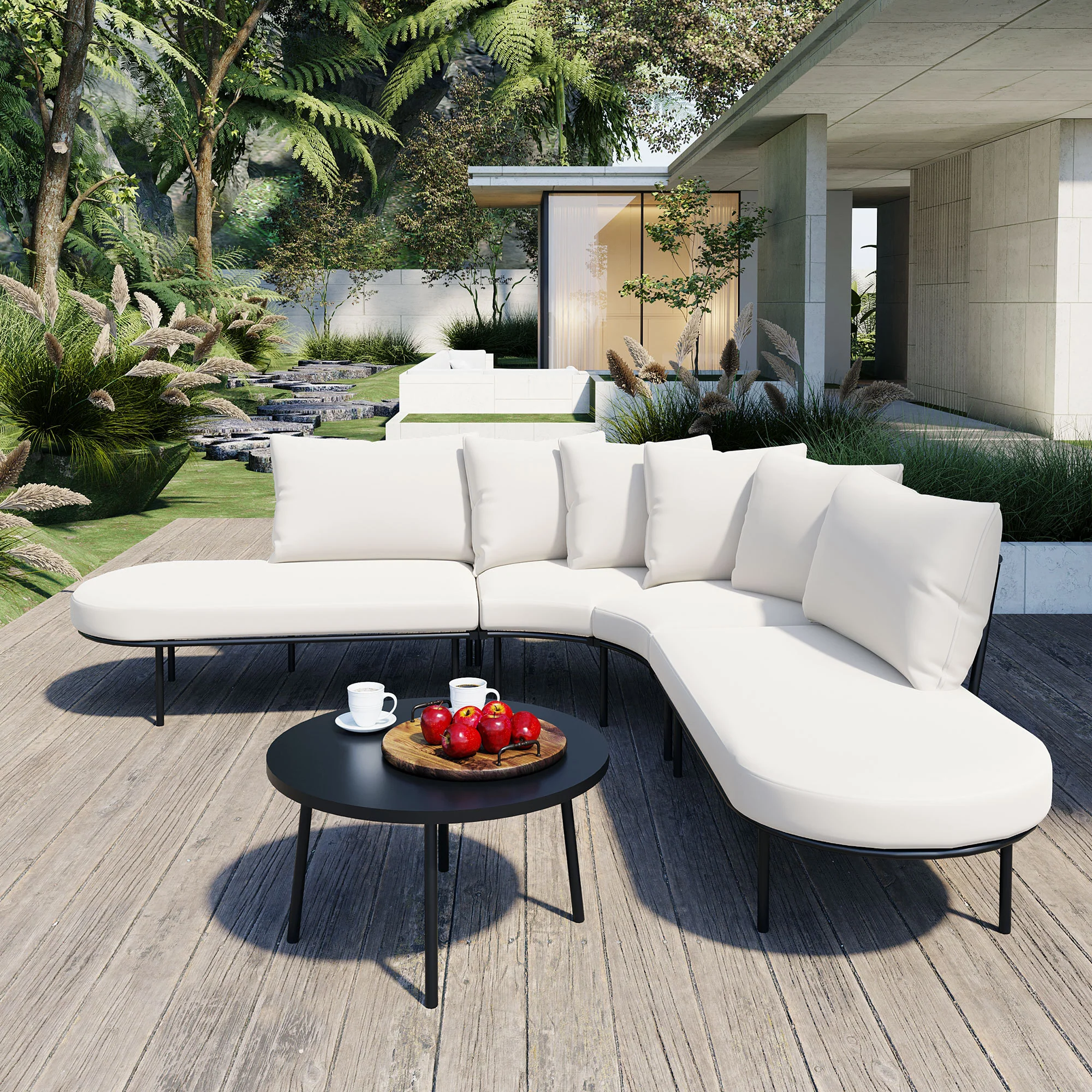 Walker Edison | Modern Half-Moon Curved Outdoor Patio Sofa Set with Coffee Table