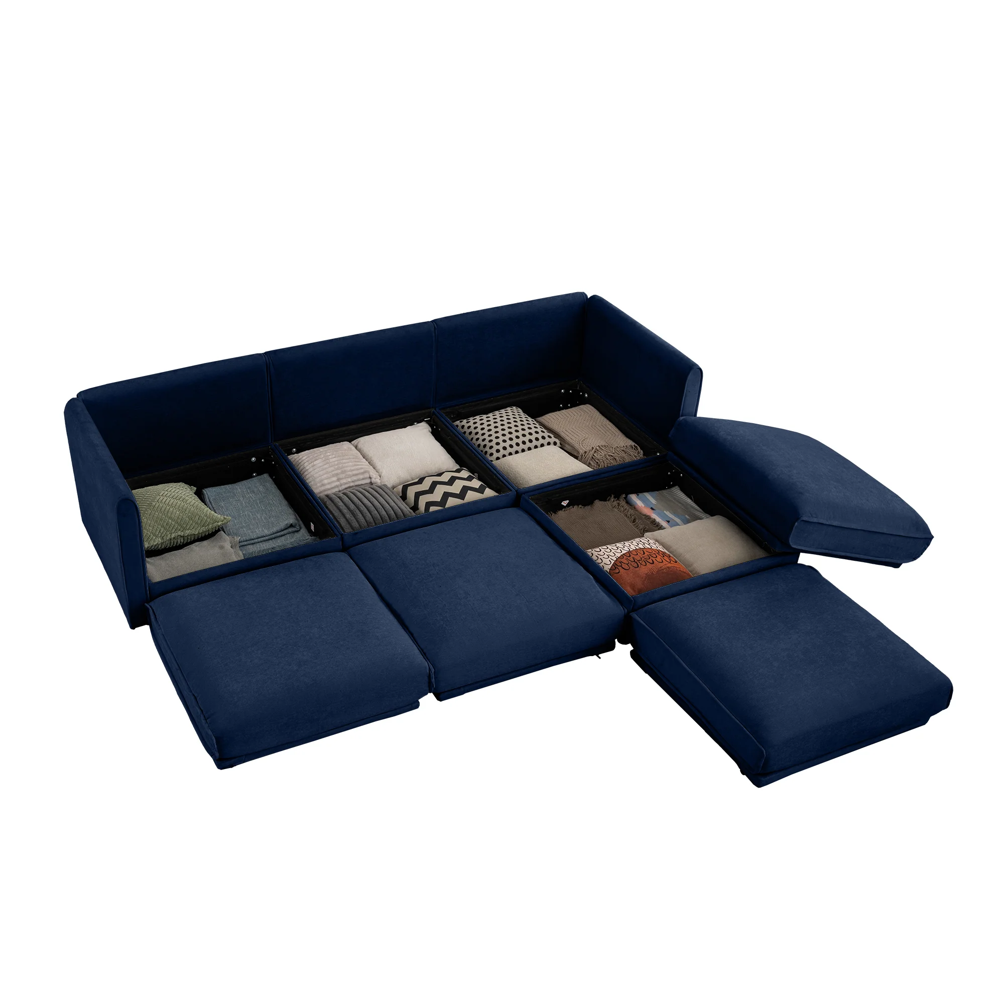 Walker Edison | Elegant L-Shaped Blue Chenille 3-Seater Sofa with Storage and Ottoman