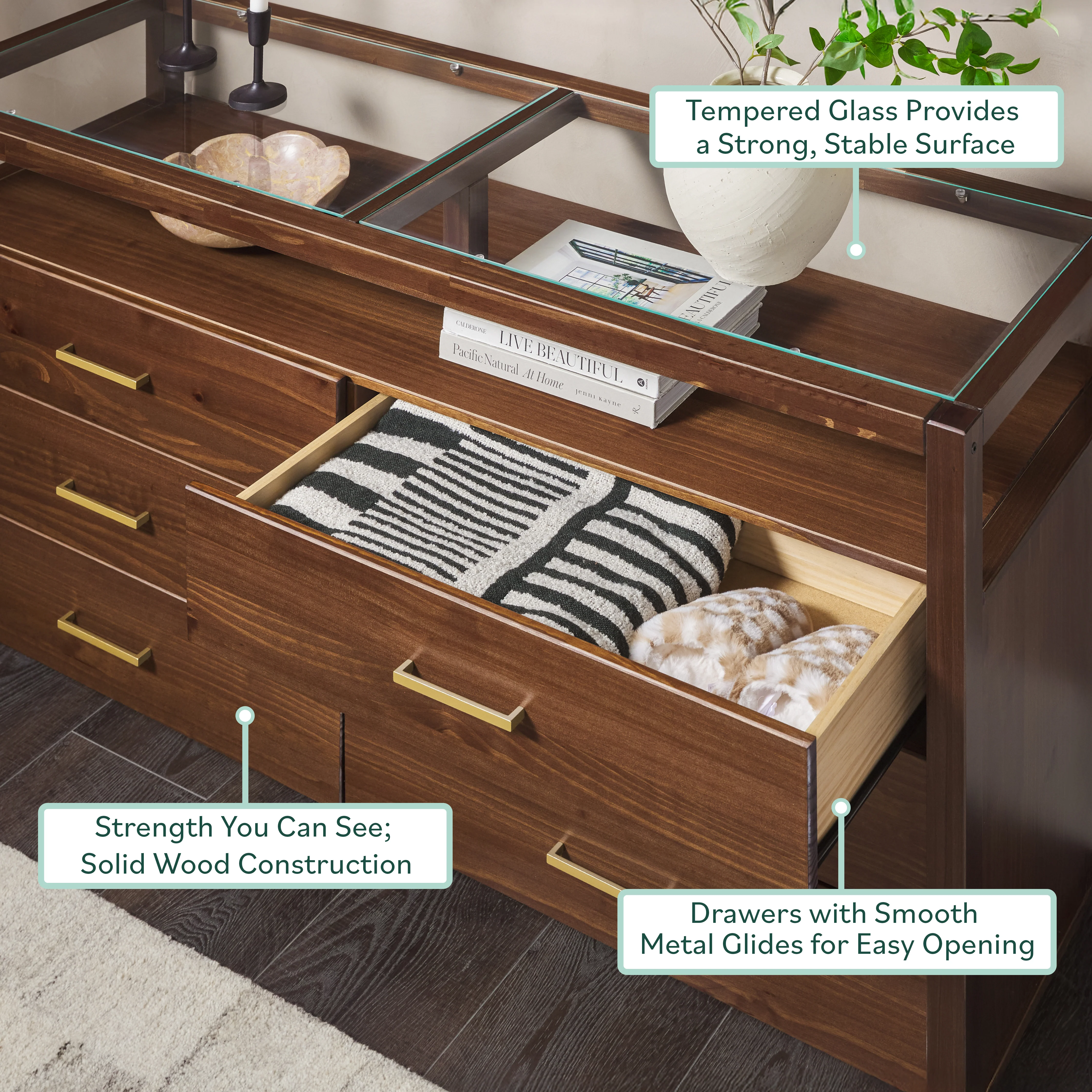 Isla Modern Easy Assembly Solid Wood 6-Drawer Dresser with Glass Top