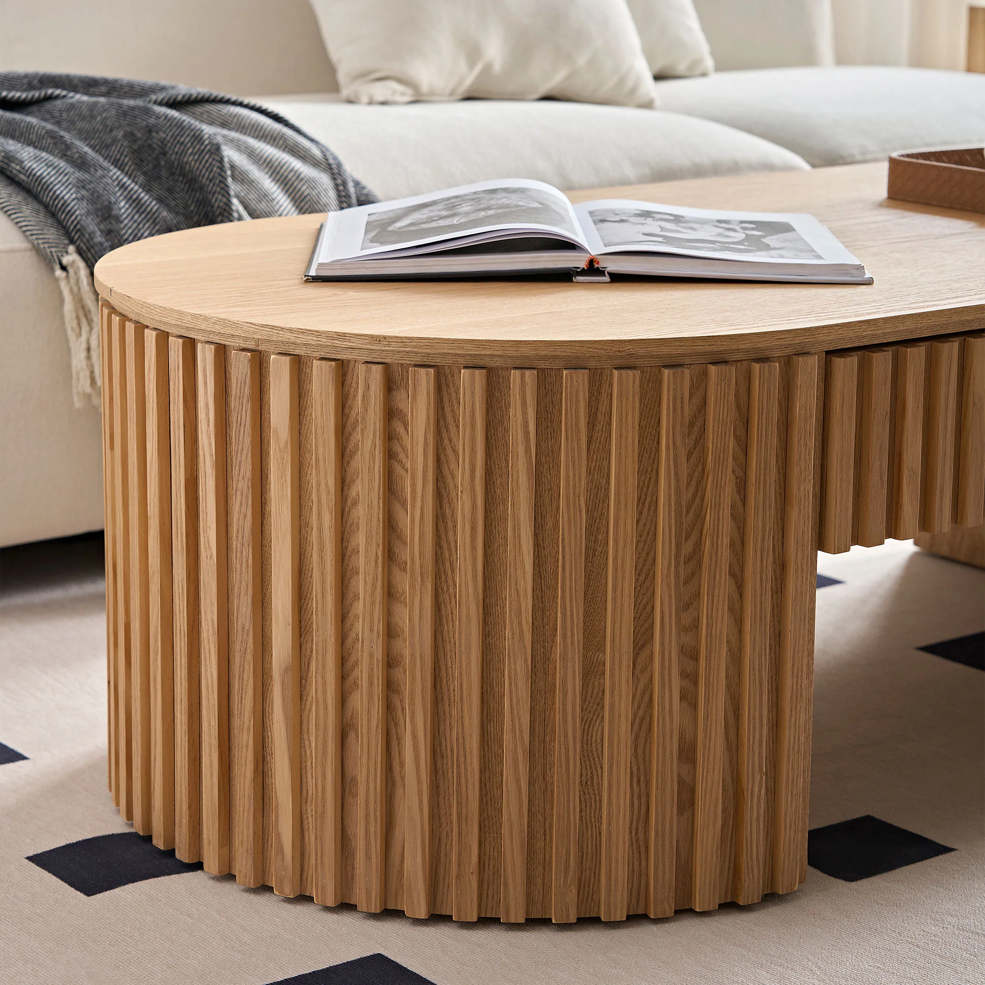 Walker Edison | Reeded Oval Wood Coffee Table With Drawer