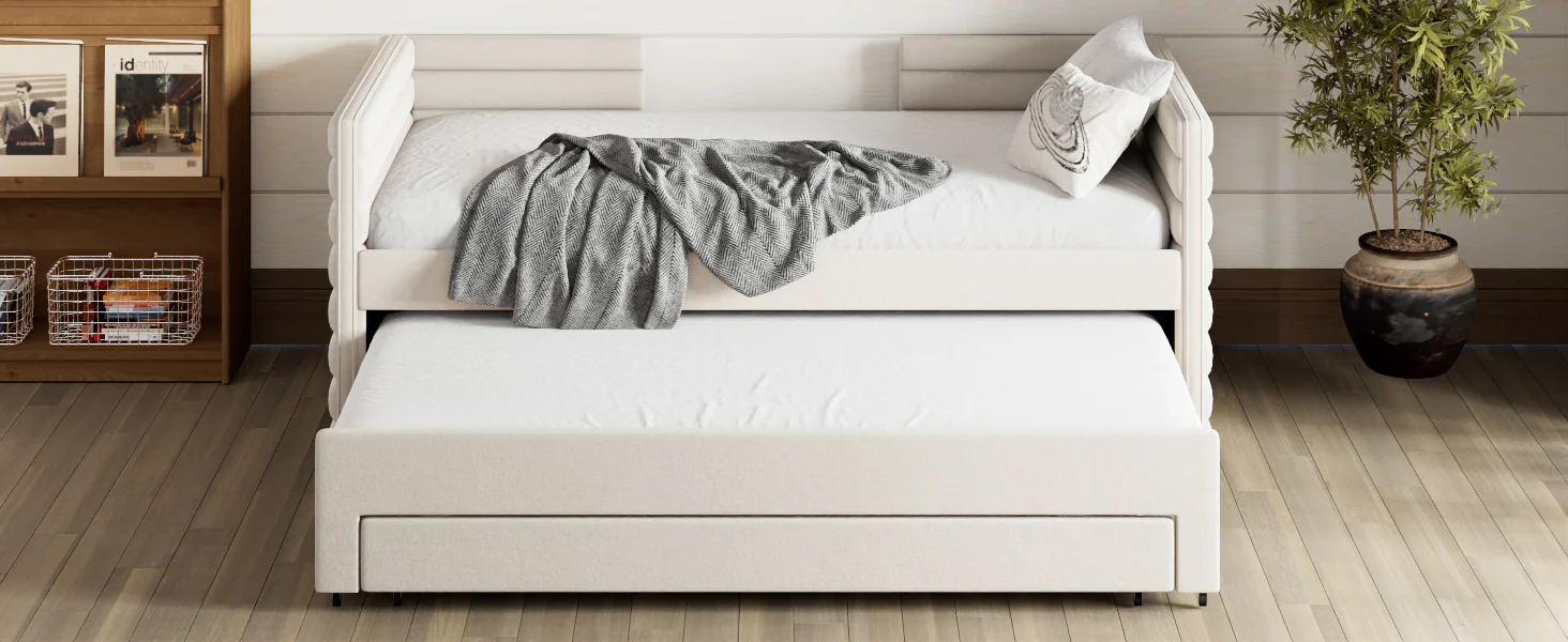 Walker Edison | Twin Size Upholstered Daybed with Trundle and 3 Storage Drawers