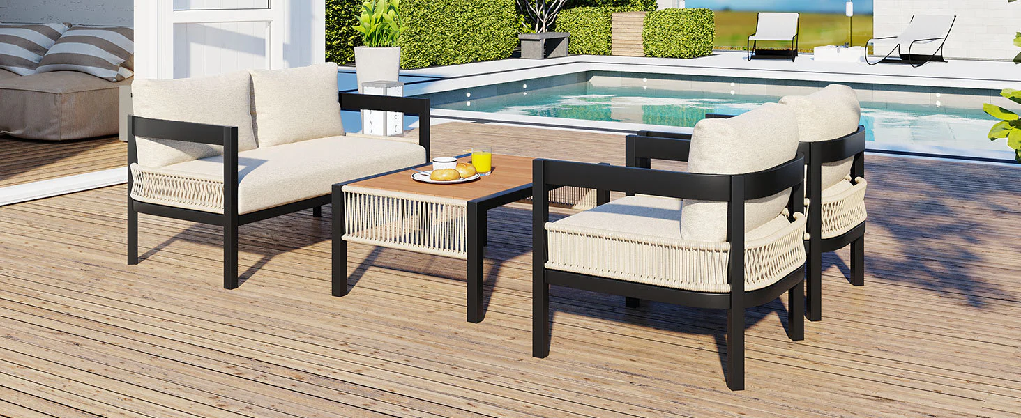 Walker Edison | Modern Rope Design Outdoor Iron Sofa Set with Coffee Table