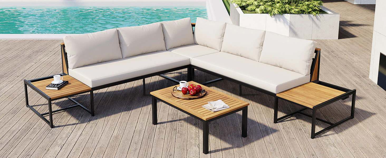Walker Edison | 4 Pieces Outdoor Patio Sofa Sectional Set with Coffee and Side Tables