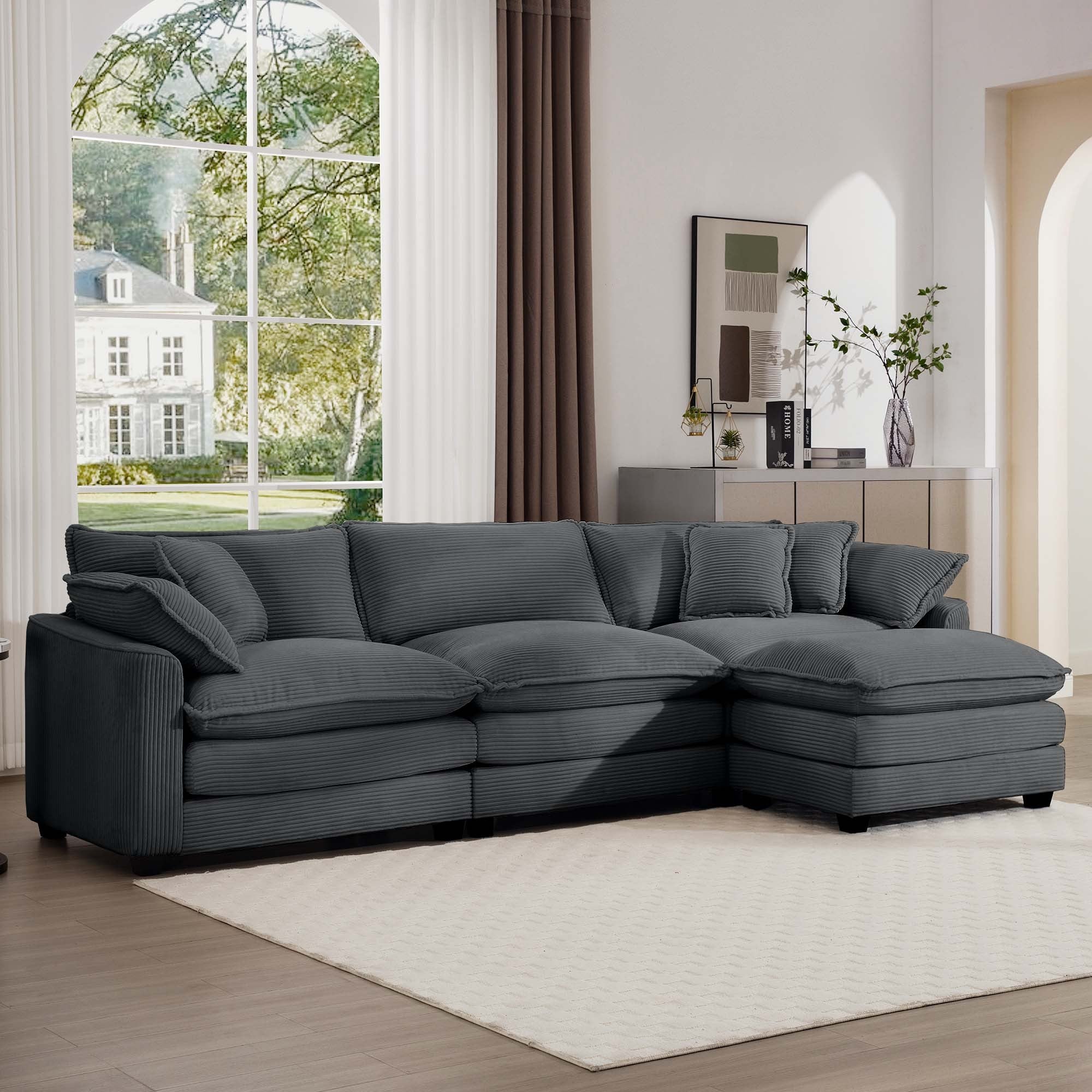 Walker Edison | Corduroy Cloud Plush Sectional Sofa with Ottoman