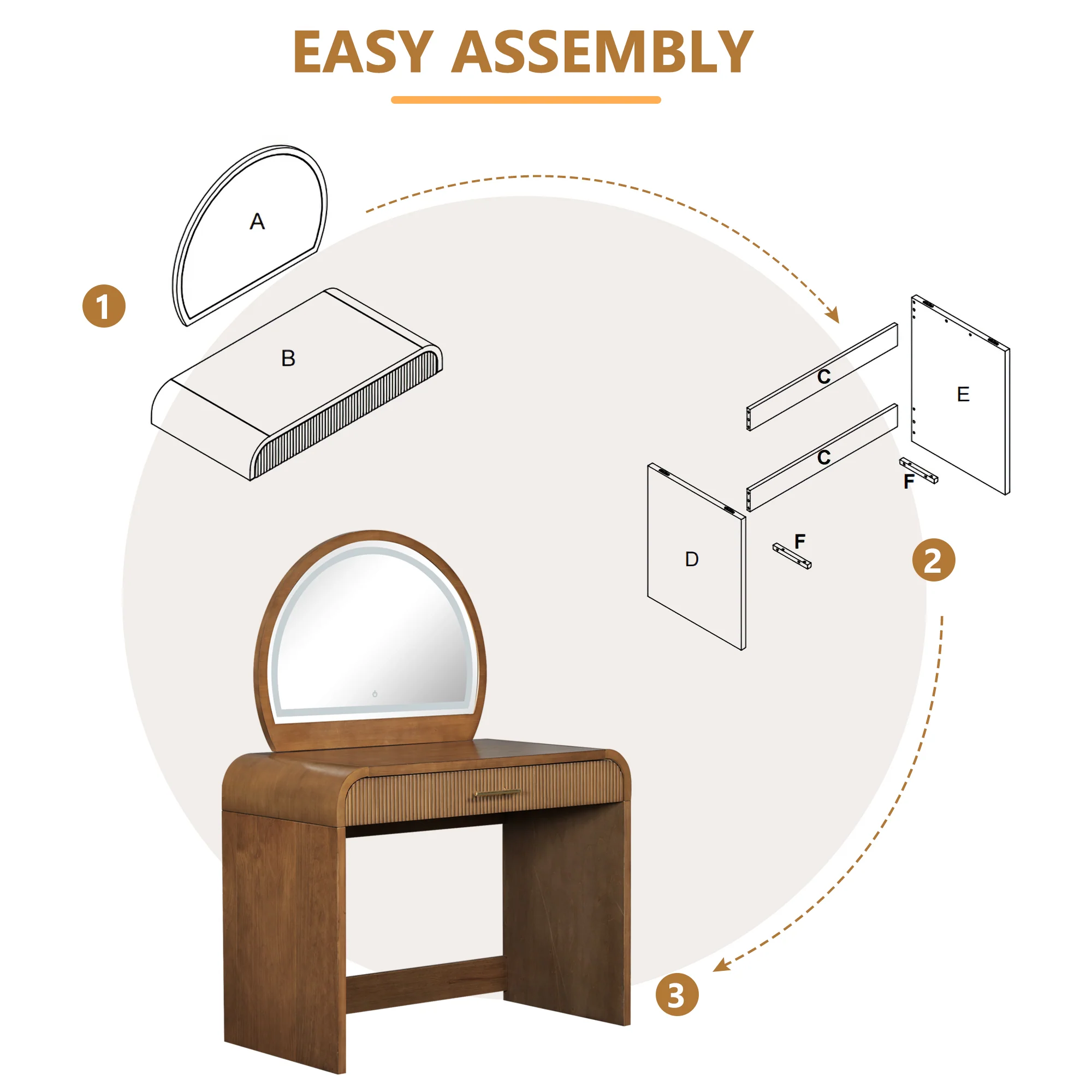 Walker Edison | Modern Reeded Curve Design Makeup Vanity Table