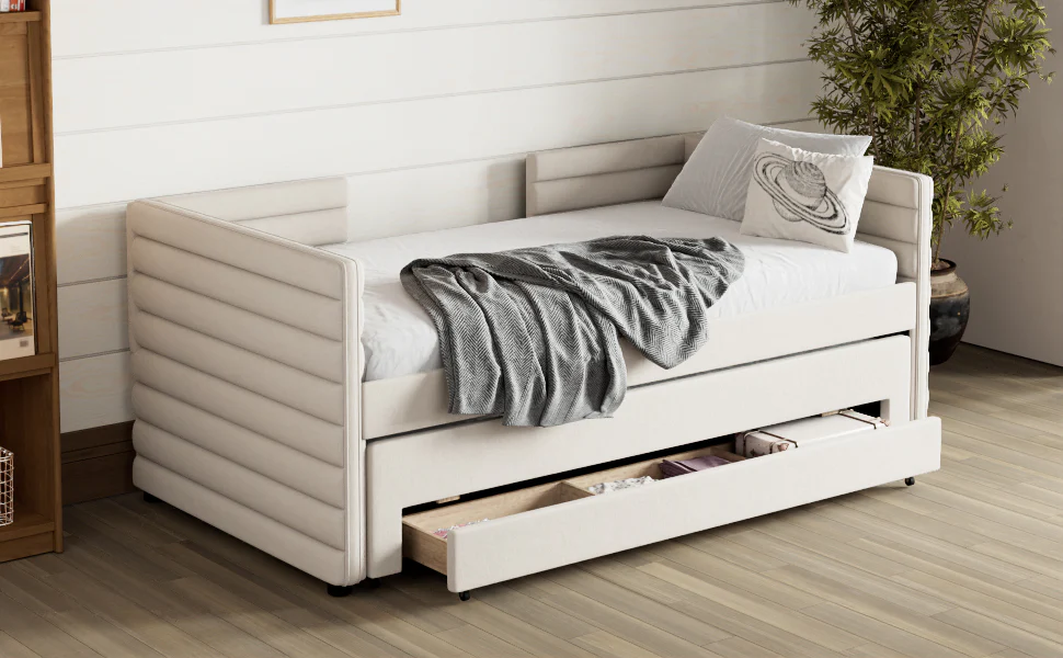 Walker Edison | Twin Size Upholstered Daybed with Trundle and 3 Storage Drawers