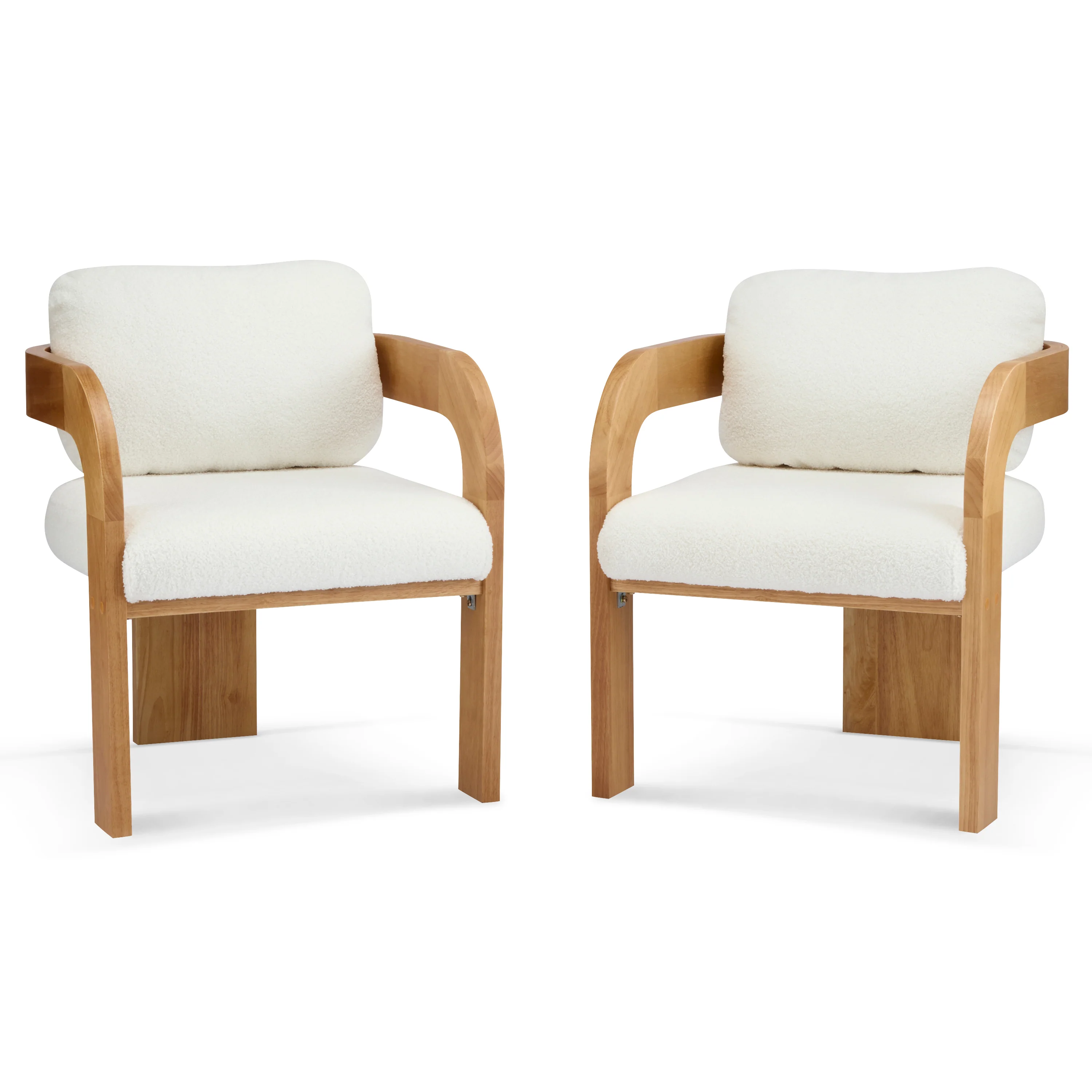 White Boucle 2 Pack Dining Chairs with Pillow Back and Solid Wood Frame