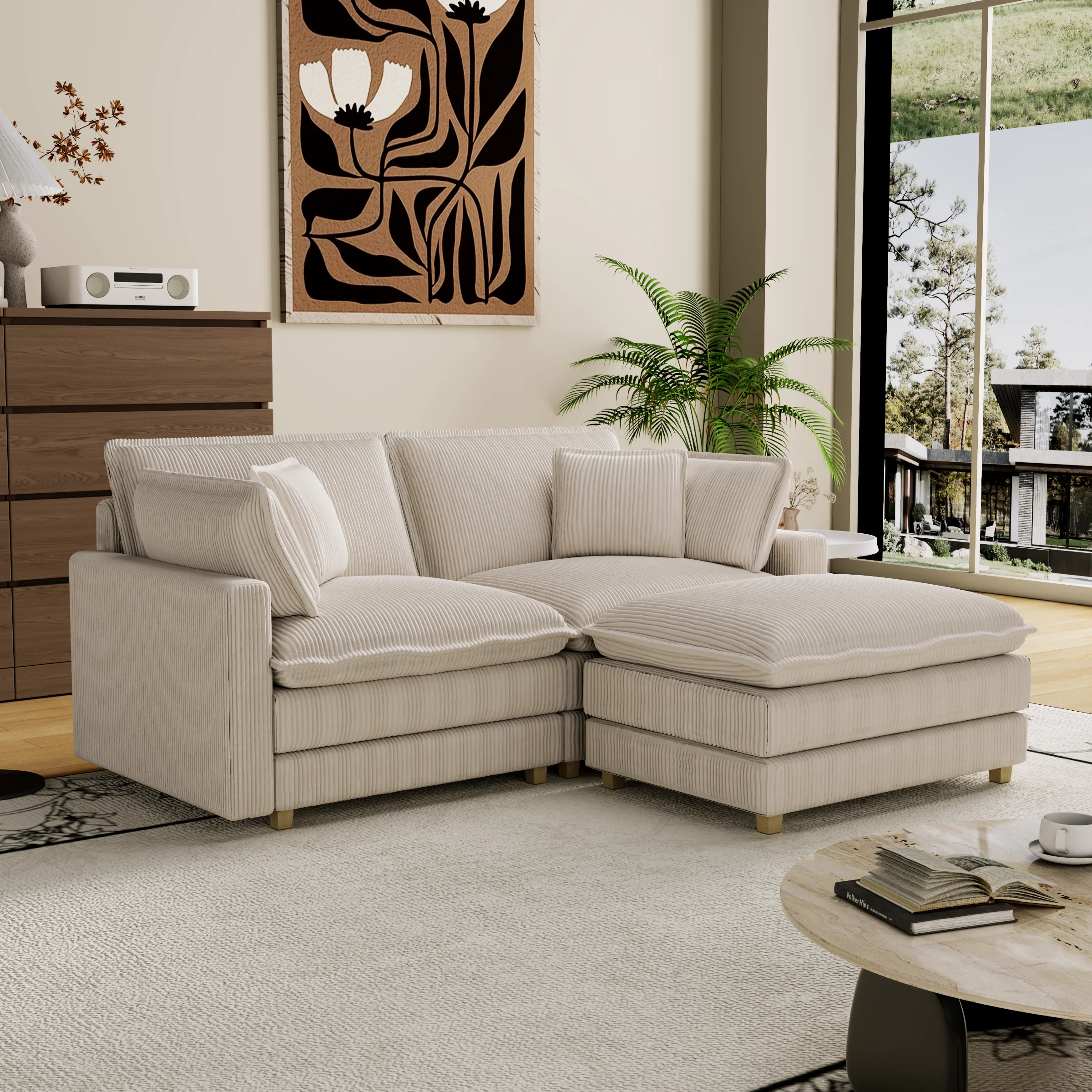 Walker Edison | Corduroy Modular Deep Seat Loveseat Sofa with Ottoman
