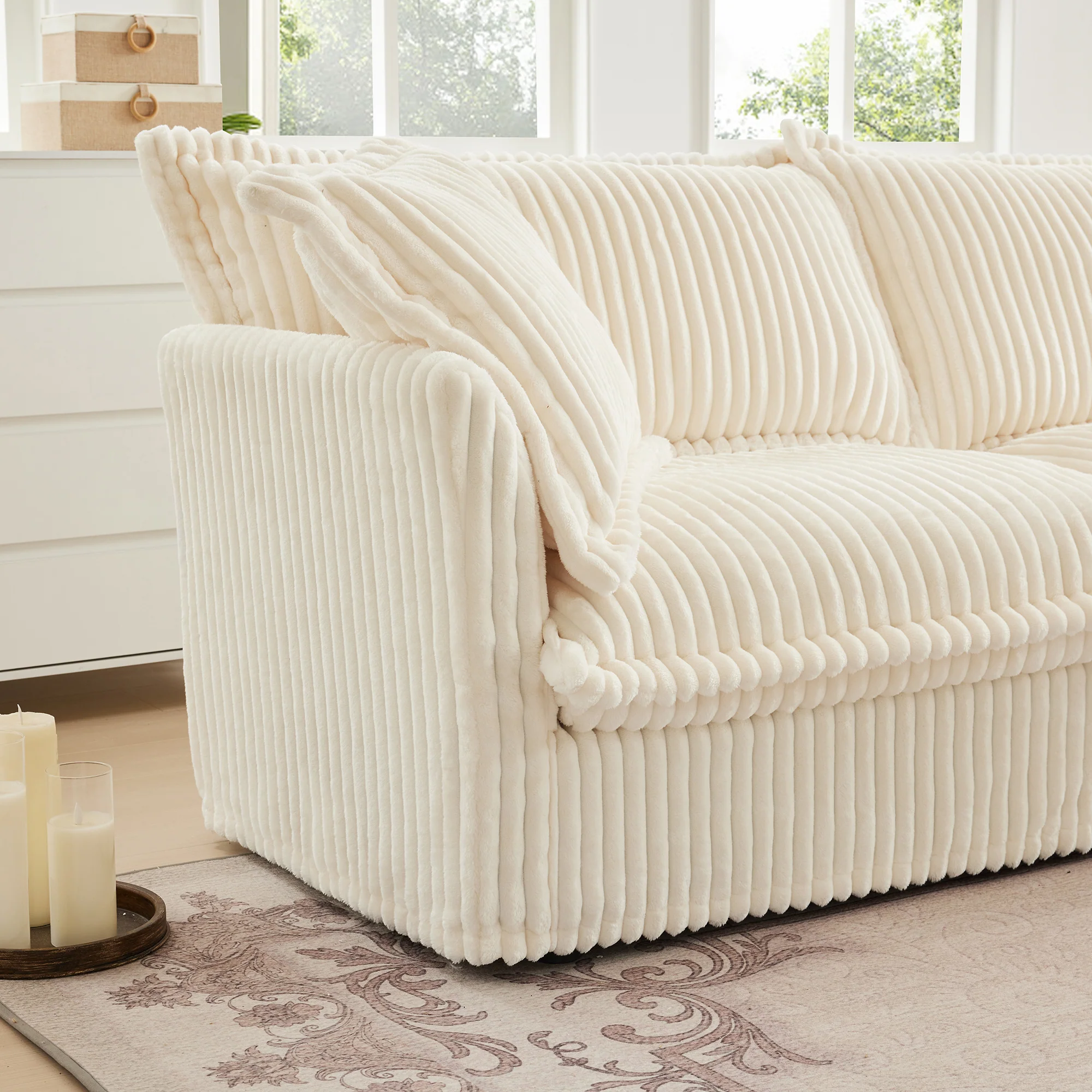 Walker Edison | Cloud Cream Corduroy Slipcovered Sectional Sofa with Ottoman
