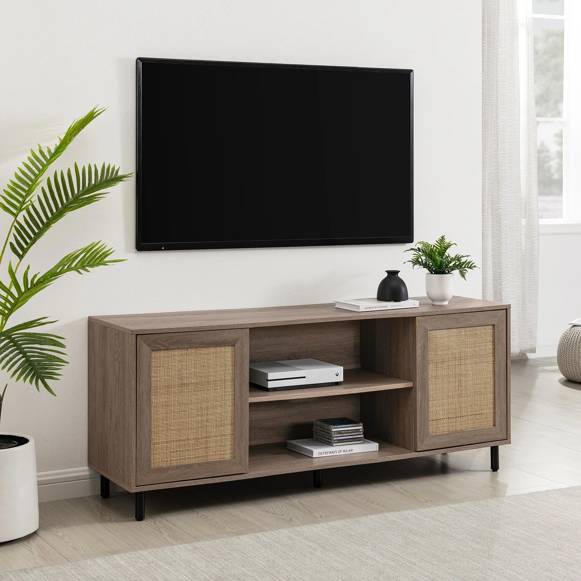 58 2 Door Wood and Rattan TV Stand