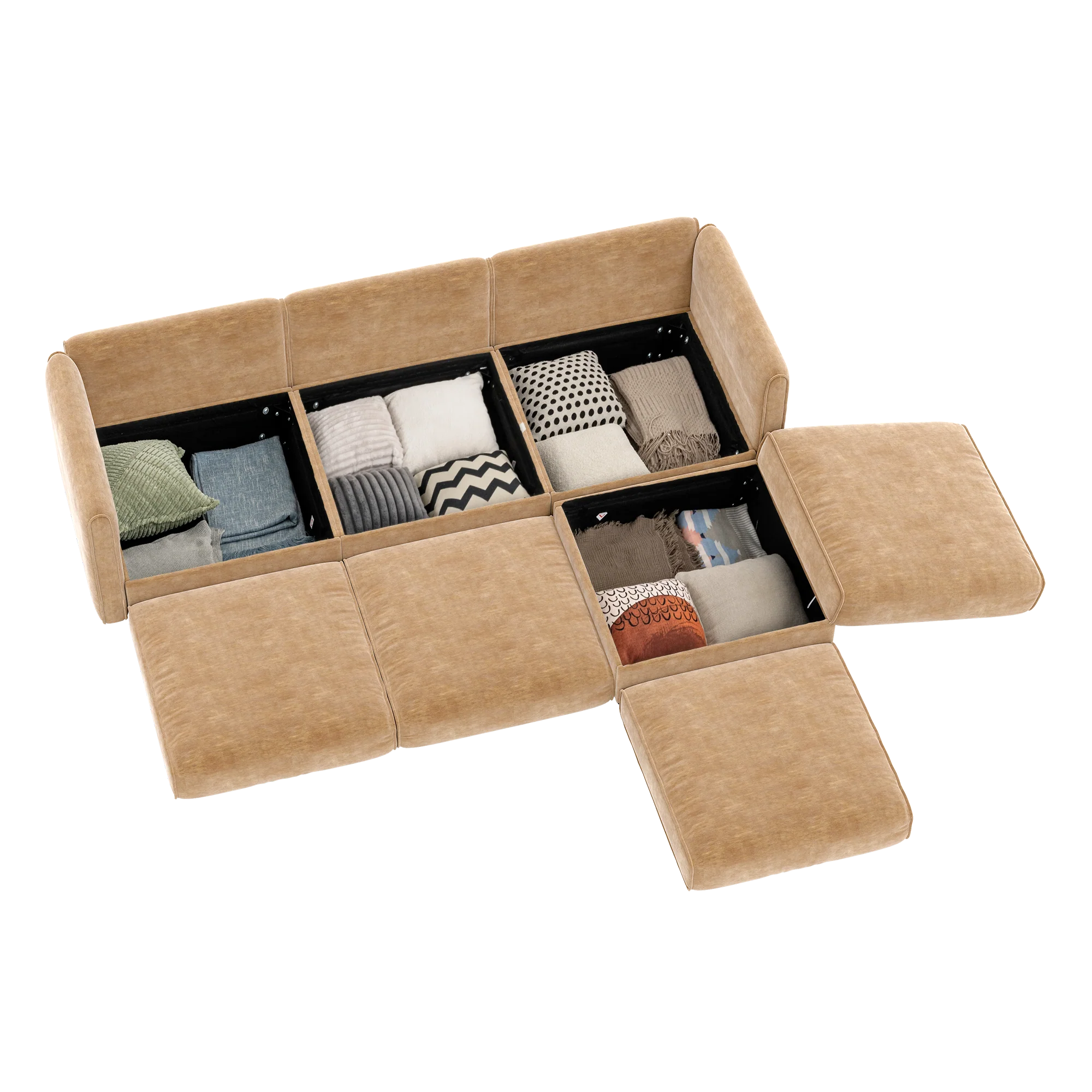 Walker Edison | Elegant Camel Chenille Sofa with Storage Seat and Ottoman