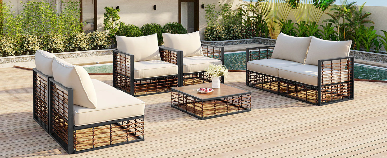 Walker Edison | Modern Minimalist 7-Piece Metal Outdoor Patio Sectional Sofa Set