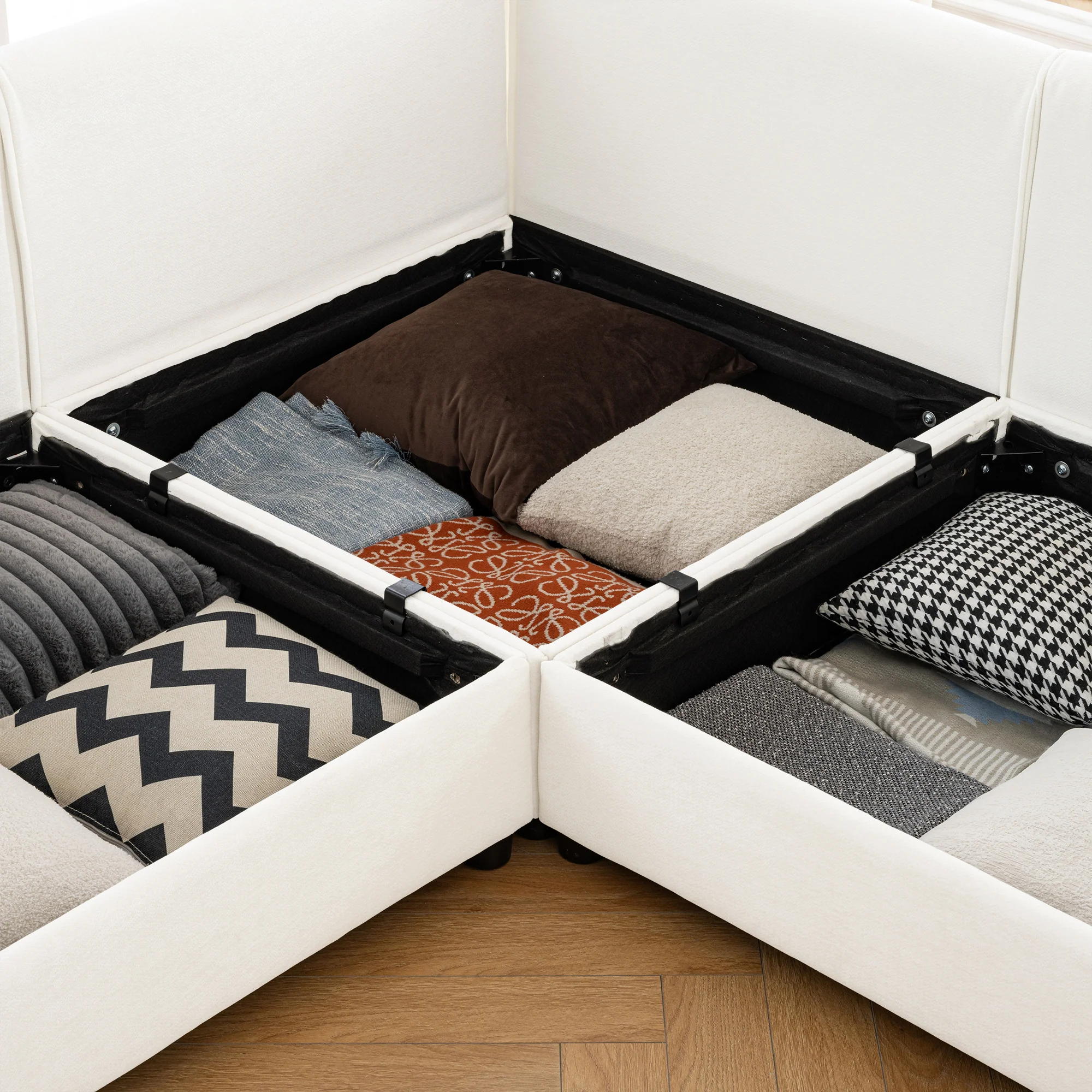 Walker Edison | Contemporary White Chenille L-Shaped Sofa with Storage and Ottoman