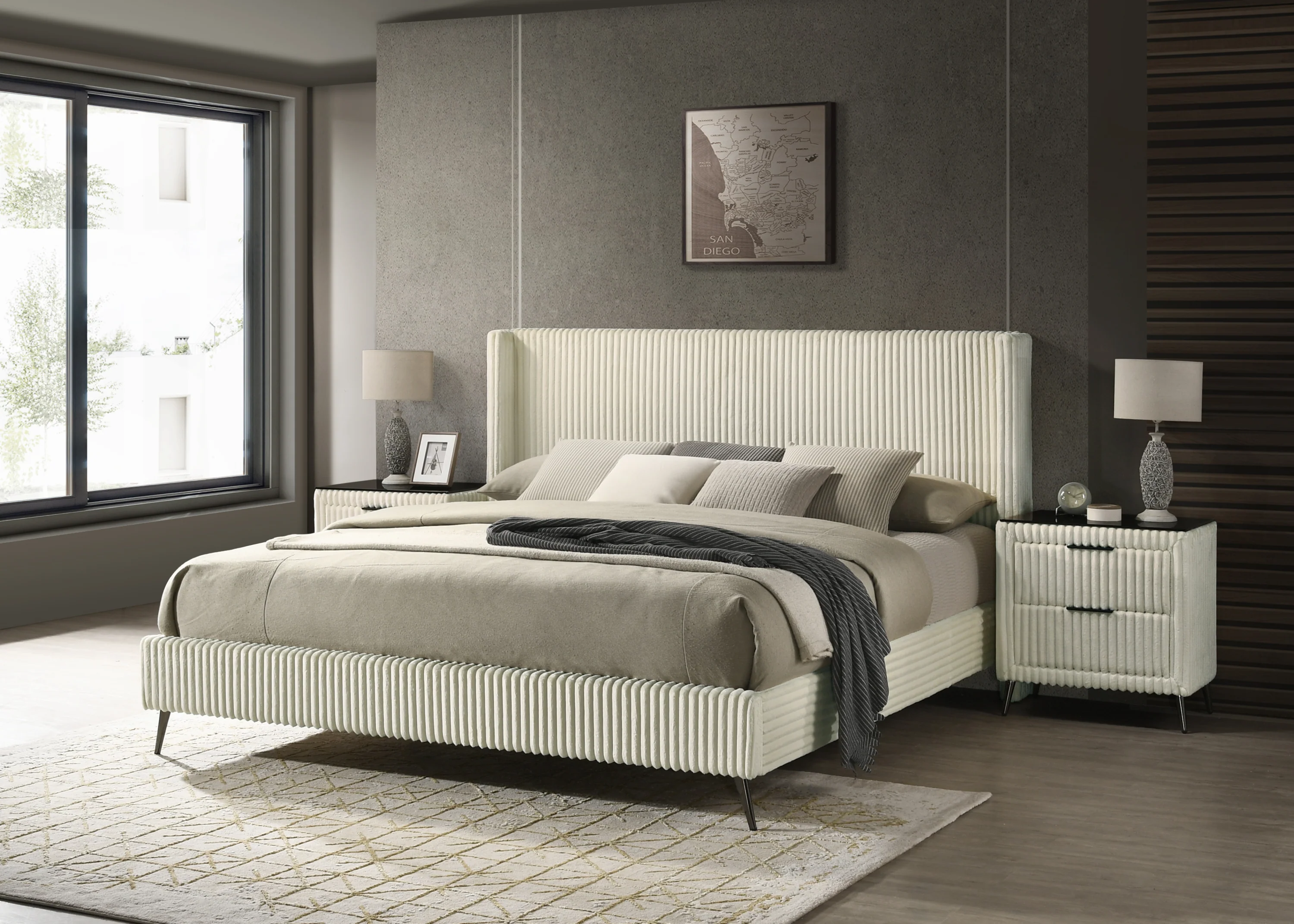 Walker Edison | Corduroy Upholstery King Bed with 2 Nightstands