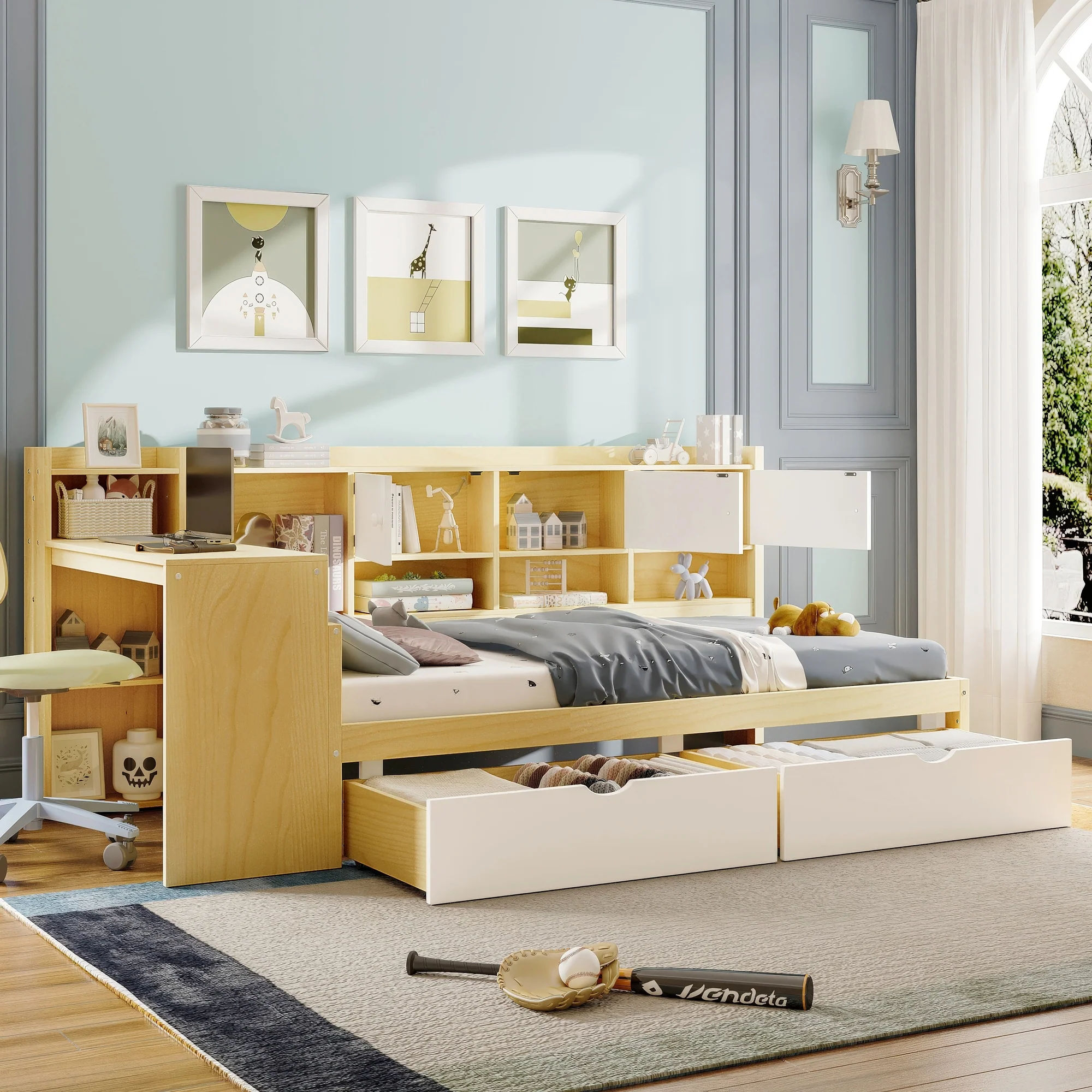 Walker Edison | Multi-Functional Wooden L-Shape Daybed with Storage Cabinets and Drawers