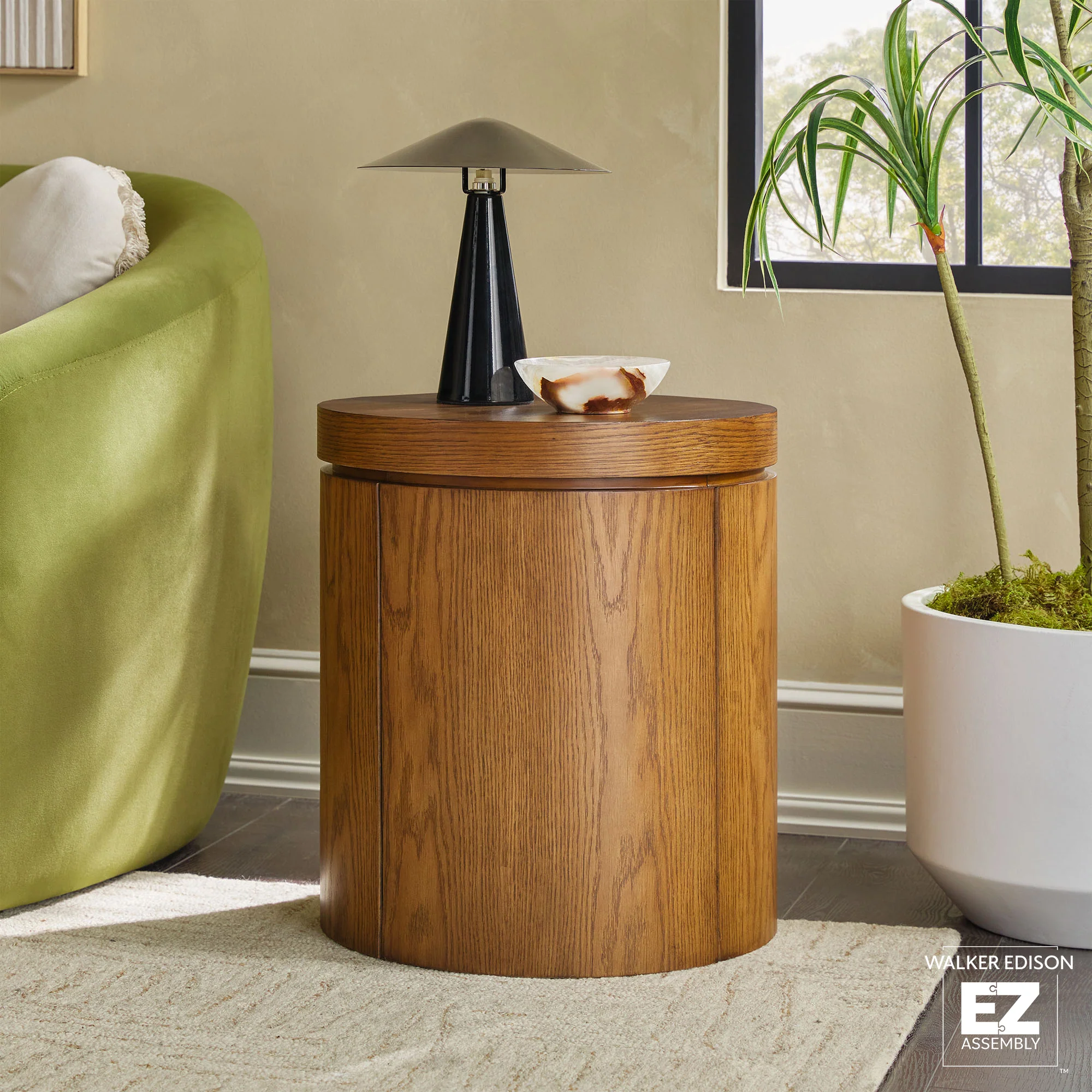 Maya 18 Modern Easy Assembly Round Oak Wood Veneer Side Table with Storage