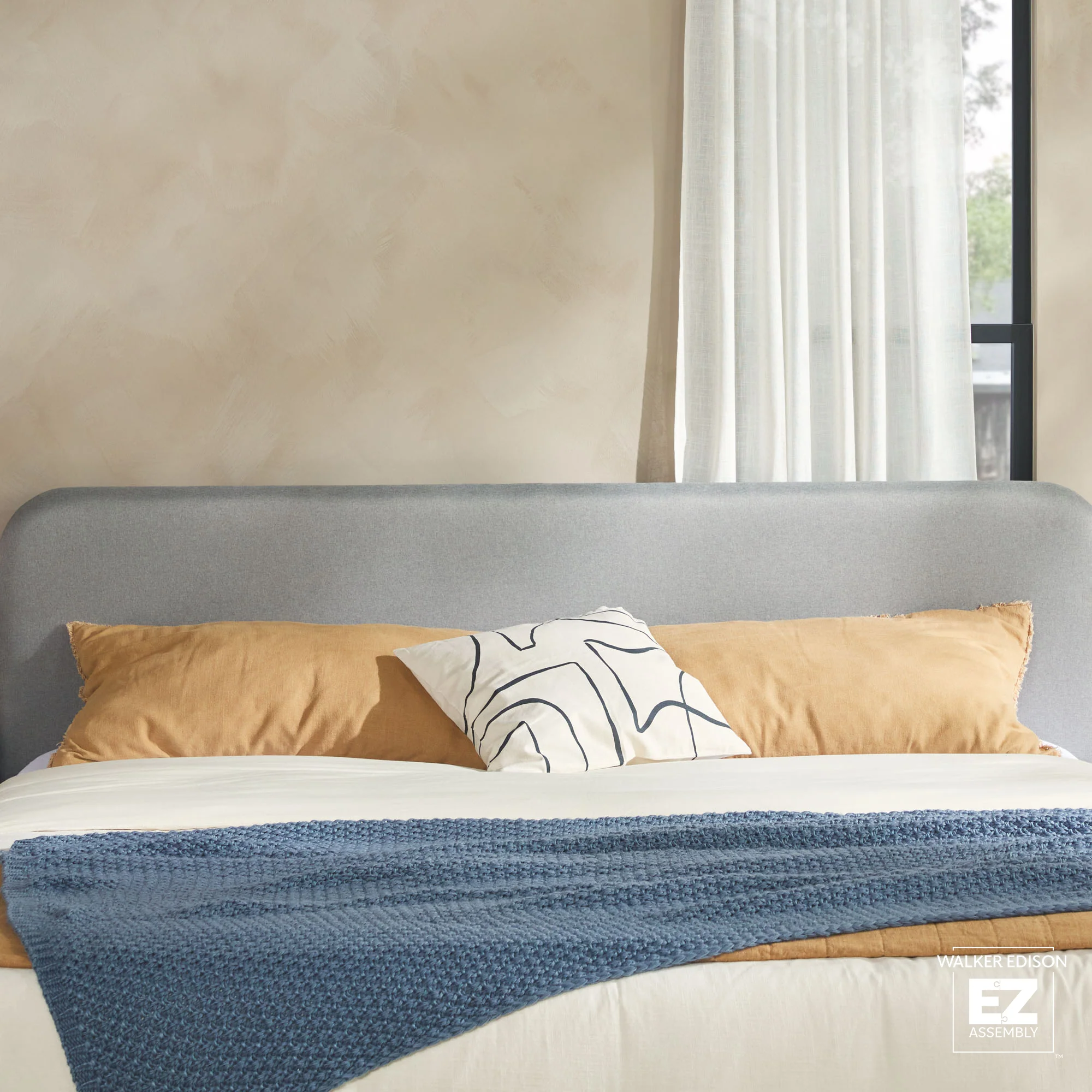 Annette Contemporary Upholstered Headboard Curved Wood Bed Frame