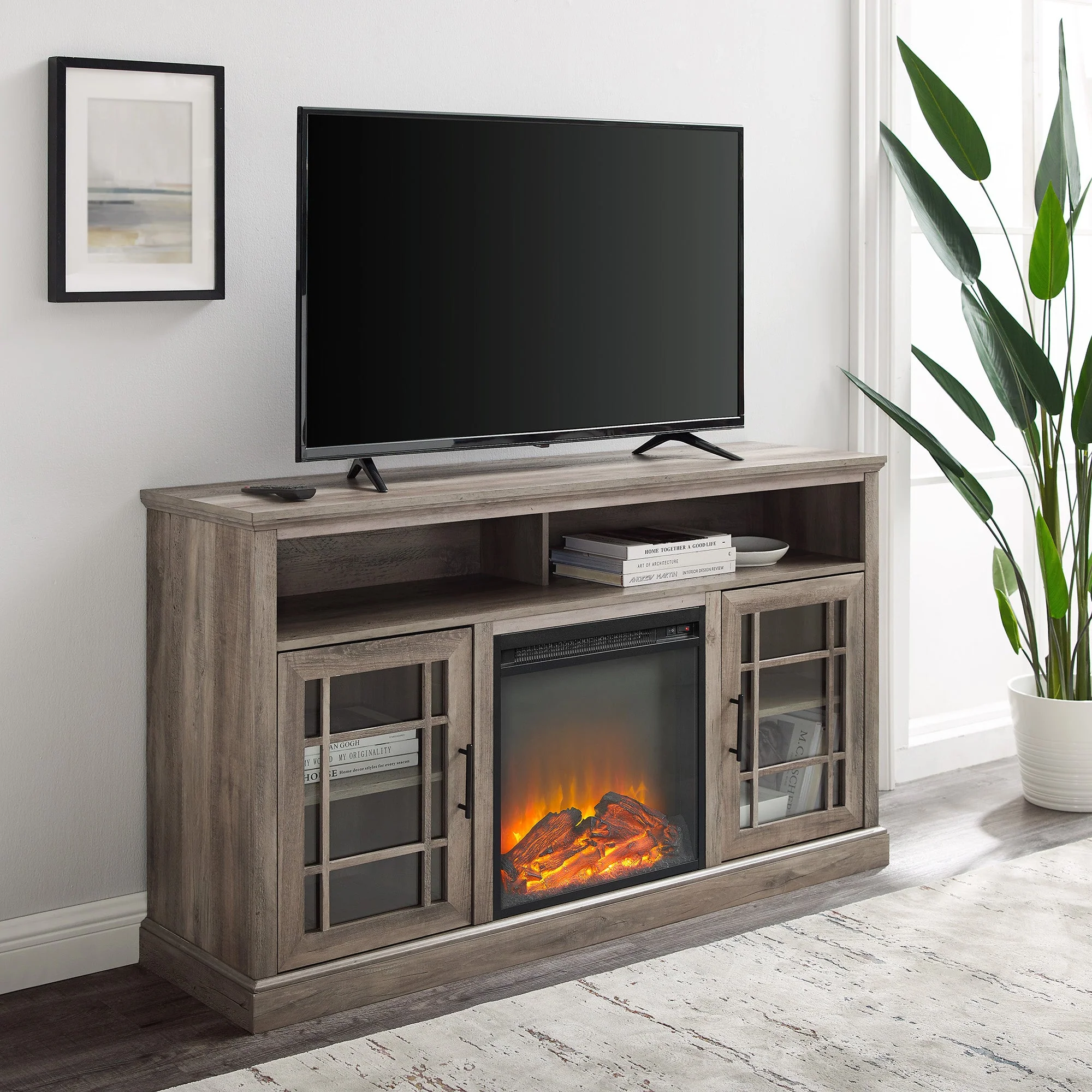 Hazel 58 Classic Glass Door Highboy Fireplace TV Stand