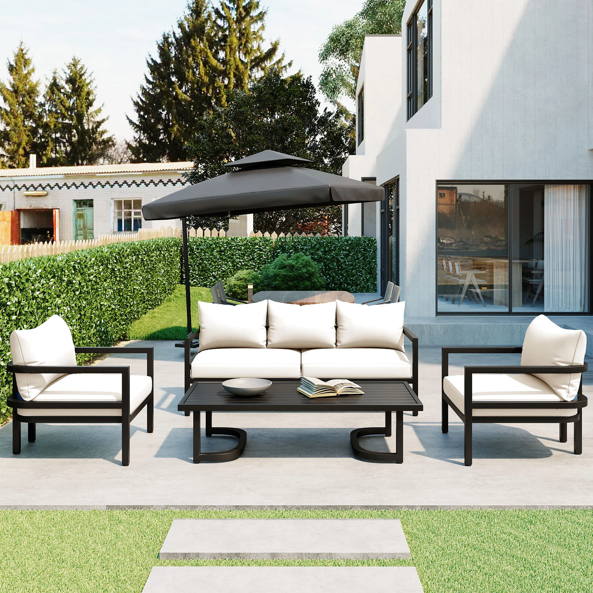Walker Edison | Curve Design Steal Outdoor Sofa Set
