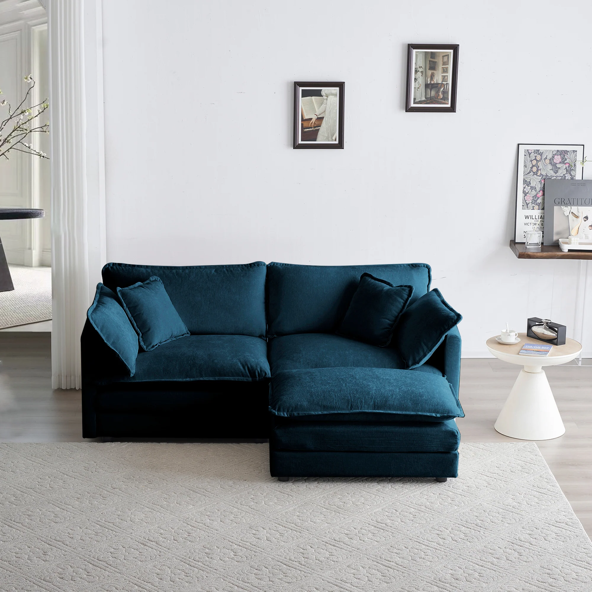 Walker Edison | Teal Cloud Chenille Two-Seater Loveseat Sofa with Ottoman
