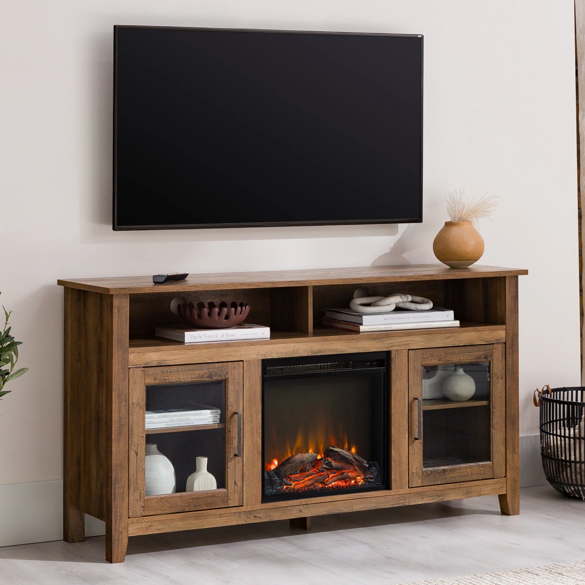 Wasatch 58 Transitional Fireplace Glass Wood TV Stand