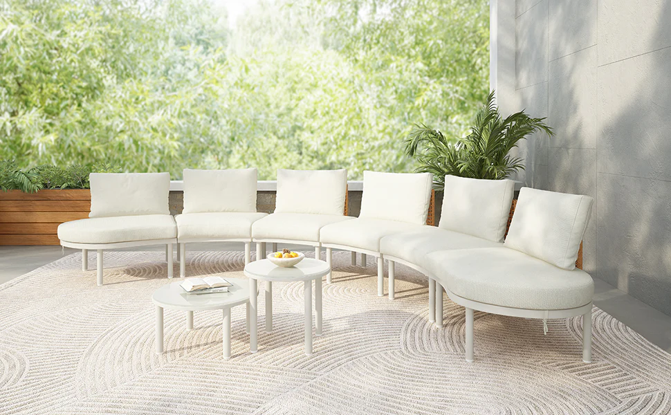 Walker Edison | Minimalist Half Moon Outdoor 8-Piece Modular Sofa Set with Nesting Tables