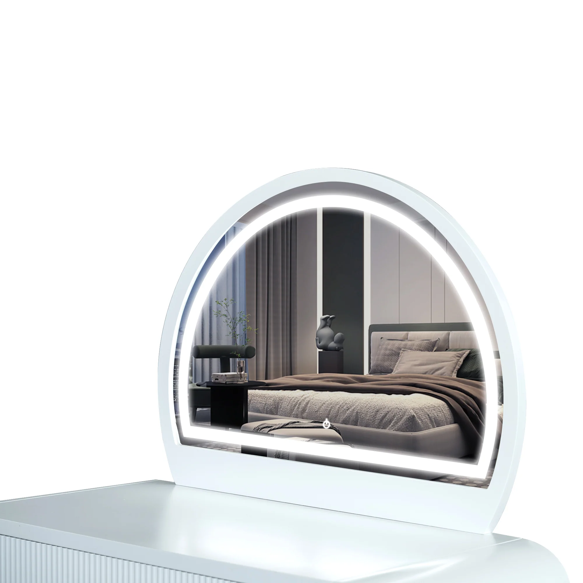 Walker Edison | Curve Reeded Makeup Vanity Table with Mirror Touch Screen Light