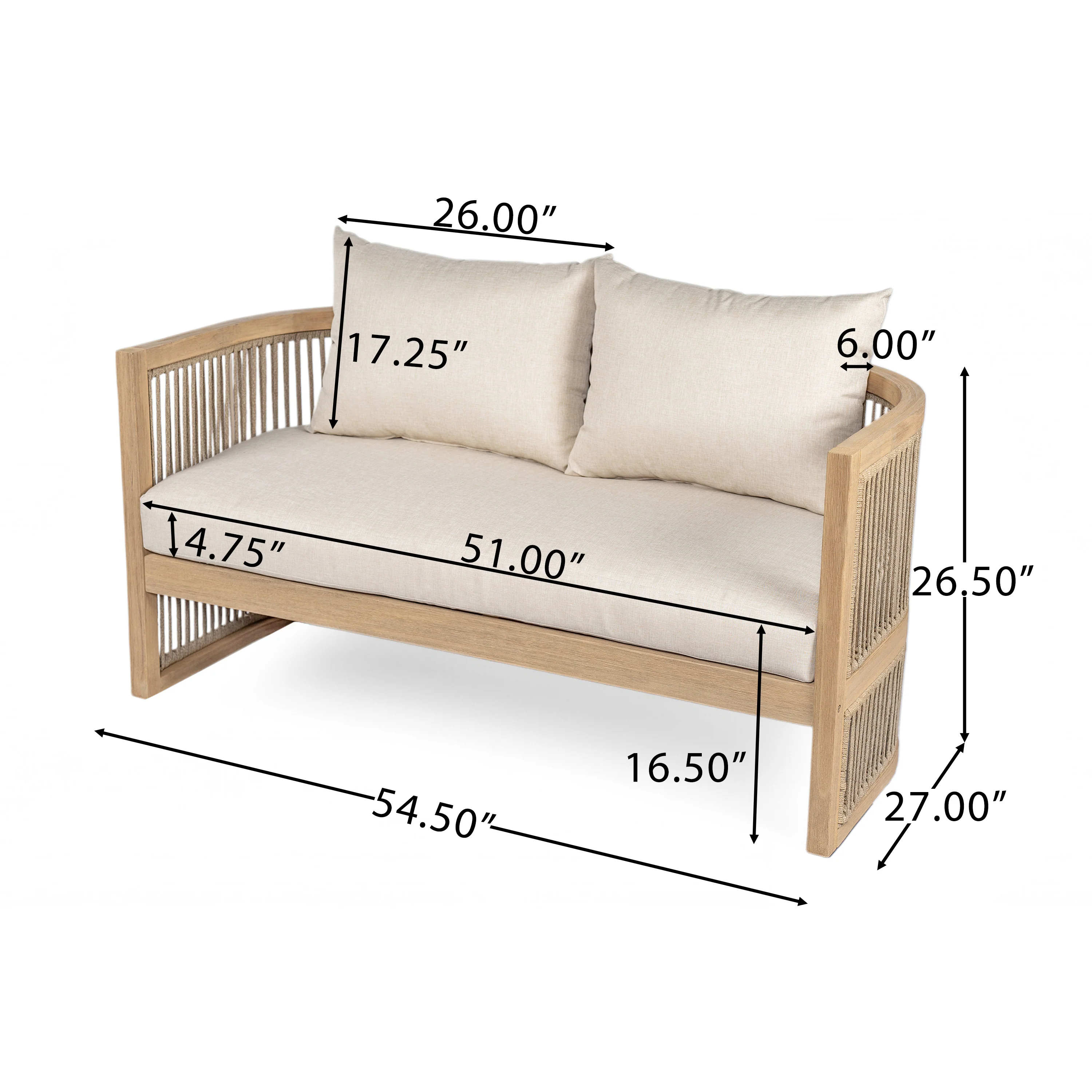 Walker Edison | 54.4'' Outdoor Acacia Wood Loveseat with Cushions