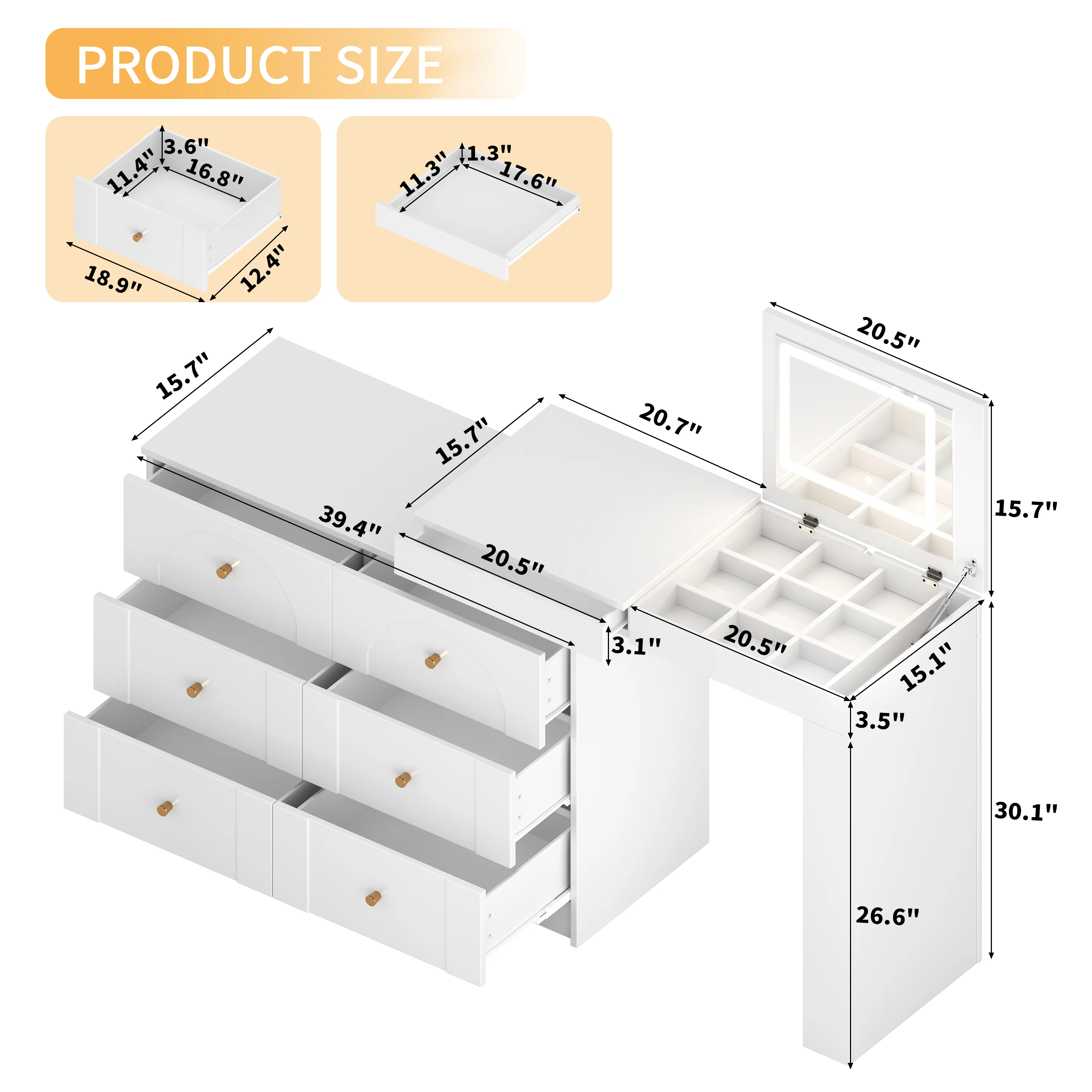 Walker Edison | White Multi-Functional Vanity Desk Dresser Set with Flip Mirror and Lights