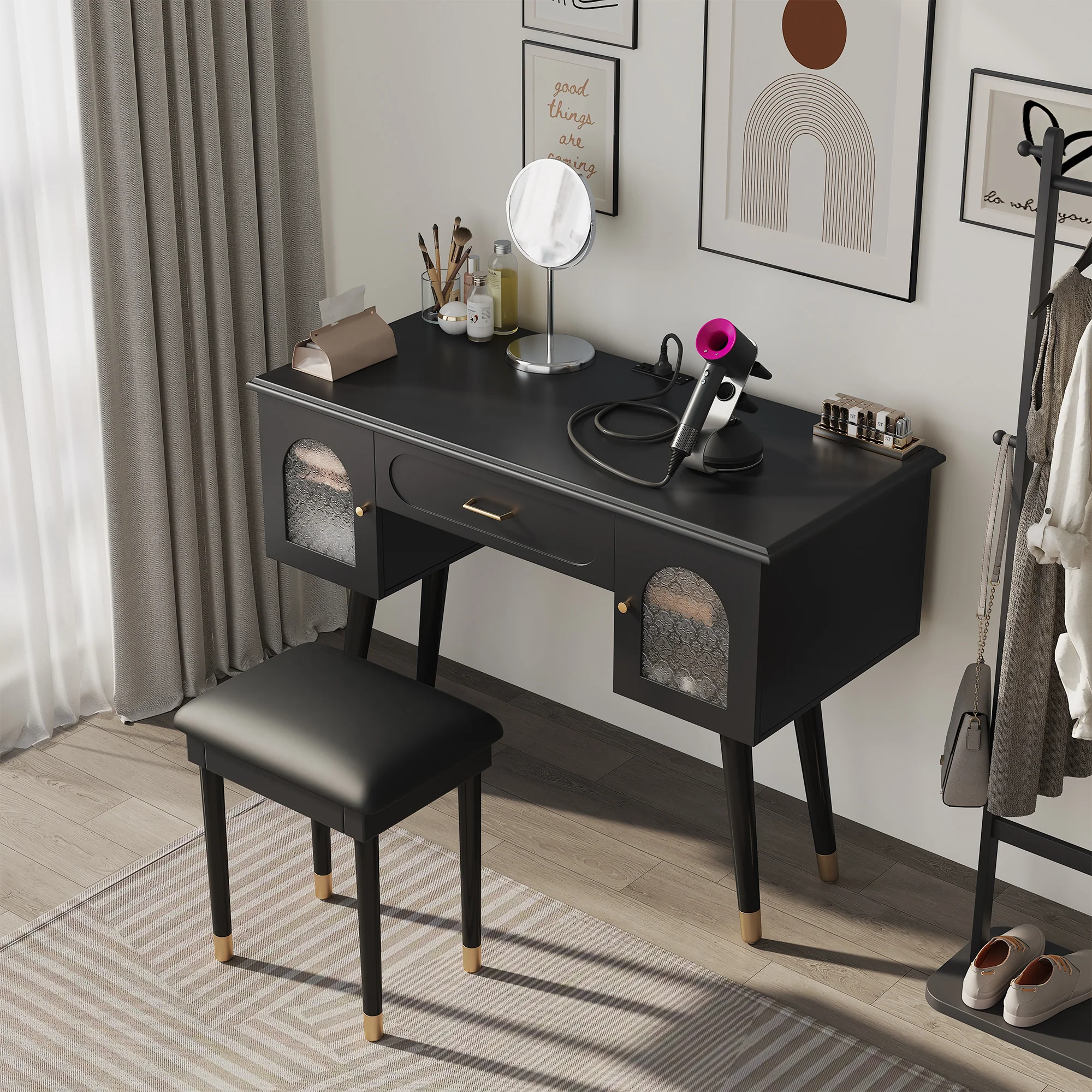 Walker Edison | Modern Vanity Makeup Table & Chair Set and Writing Desk