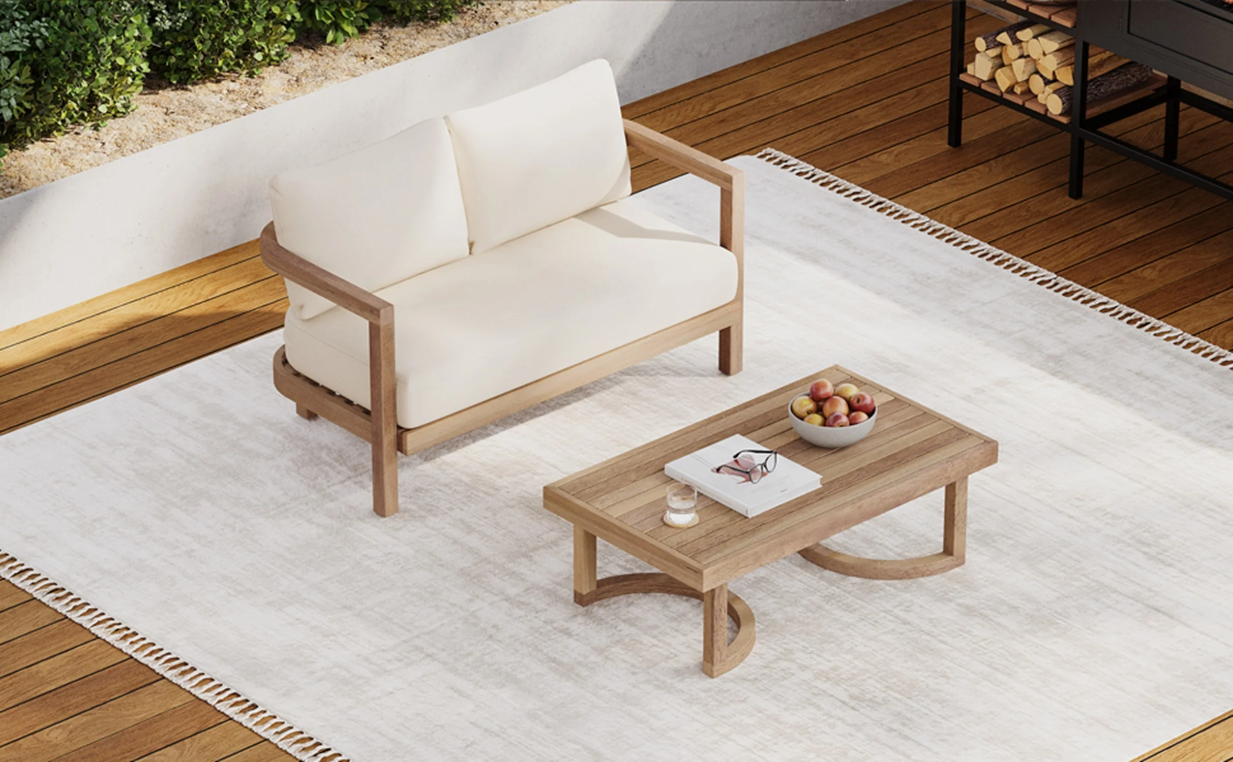 Walker Edison | Modern Outdoor Acacia Wood Patio Loveseat and Coffee Table