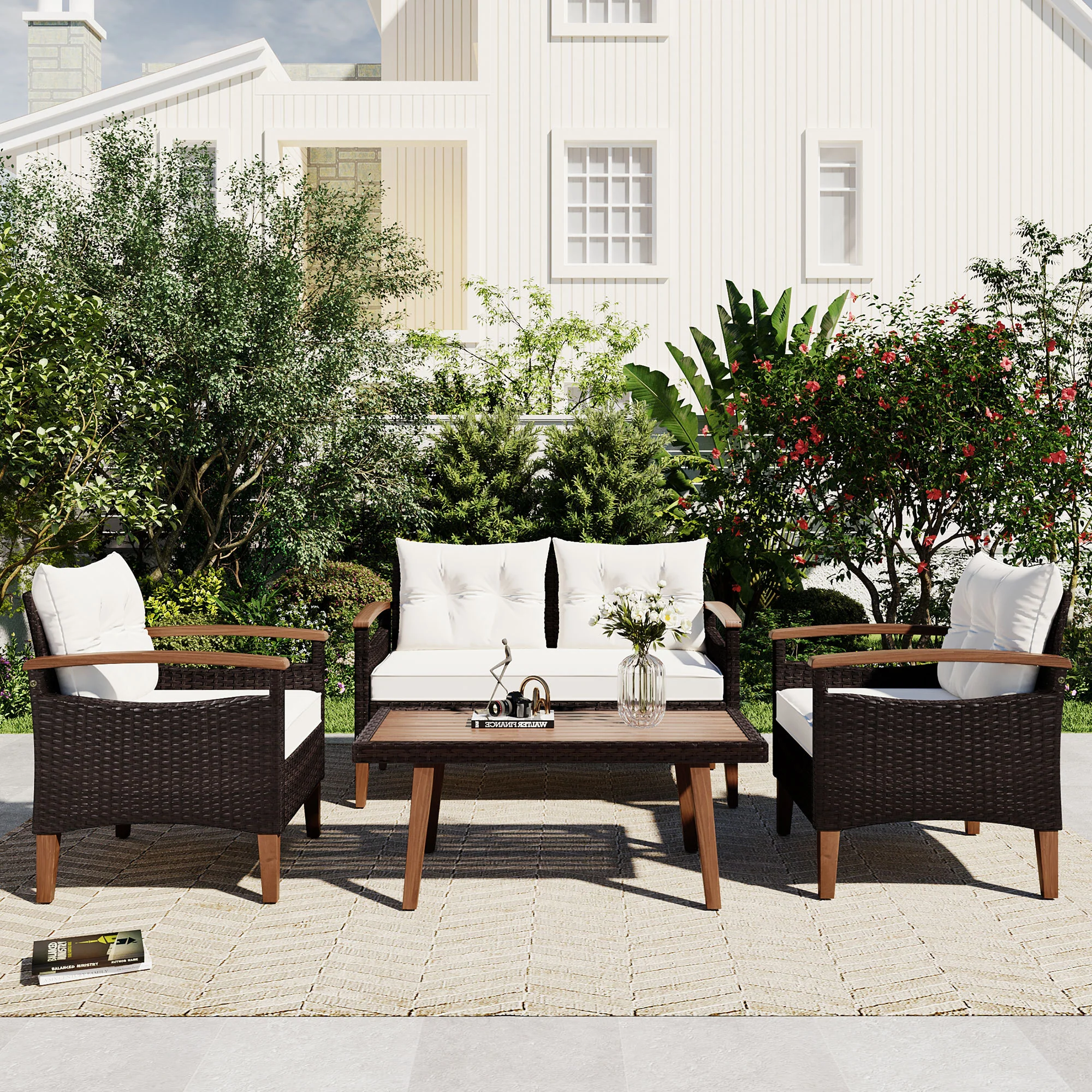 Walker Edison | 4-Piece Brown Rattan Outdoor Sofa Set with Table