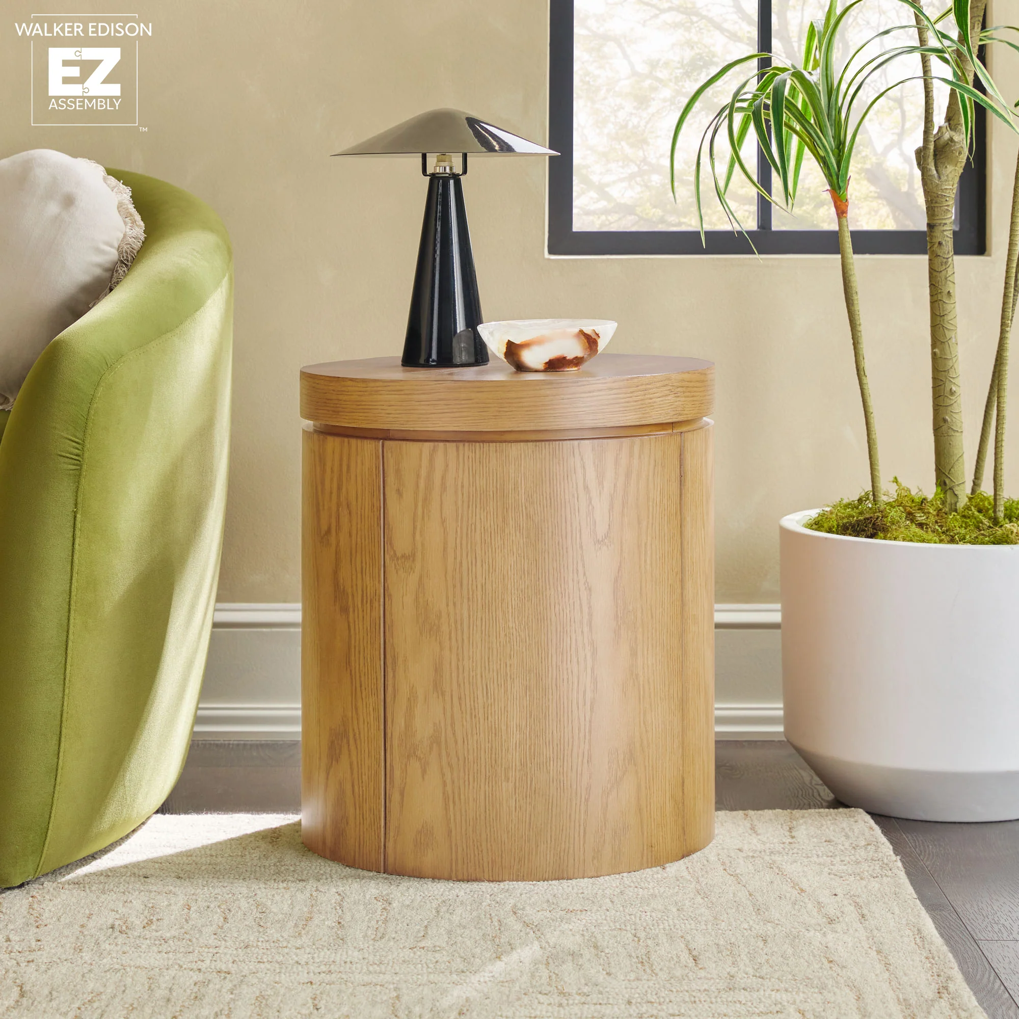 Maya 18 Modern Easy Assembly Round Oak Wood Veneer Side Table with Storage