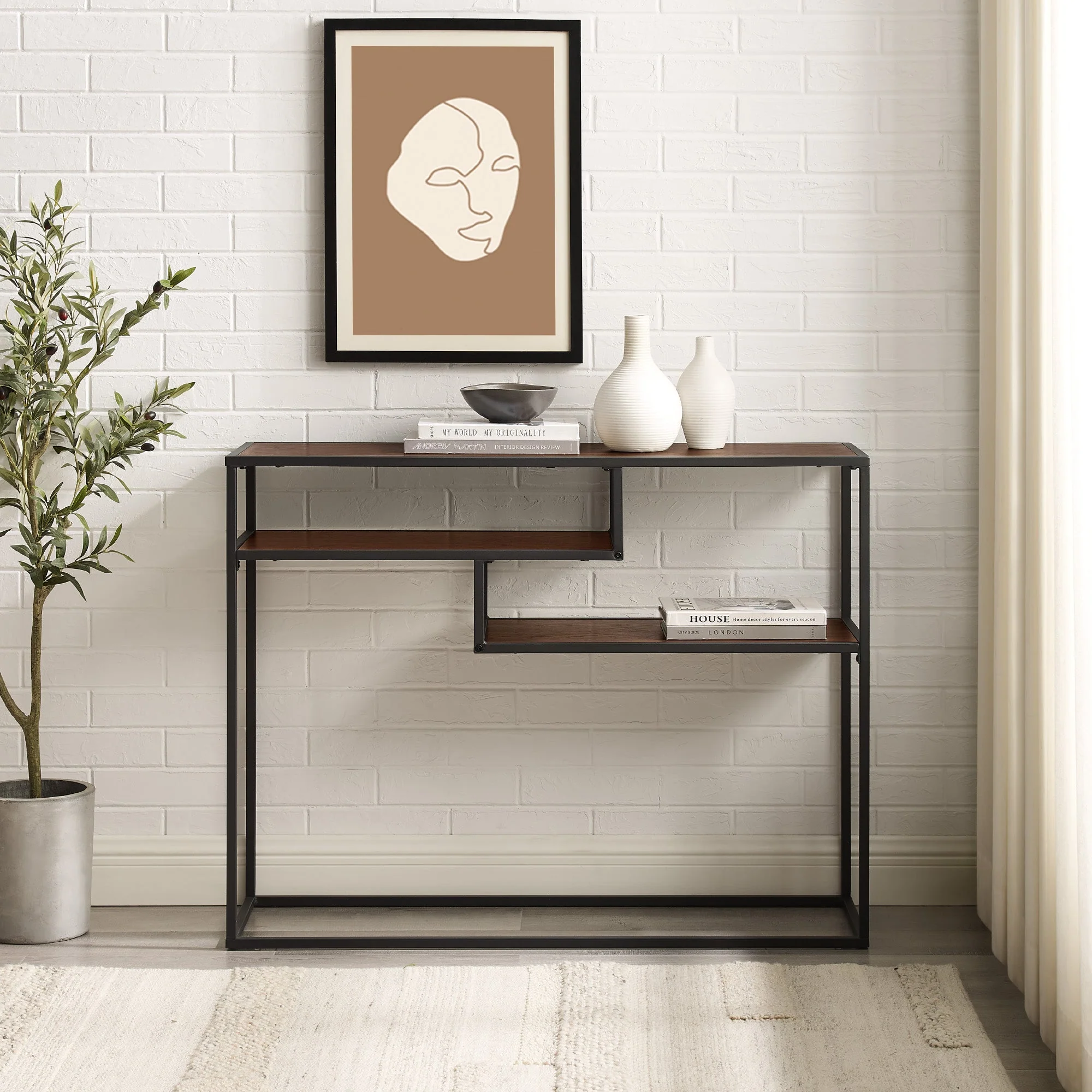 Maya 42 Metal and Wood Tiered Shelf Entry Table