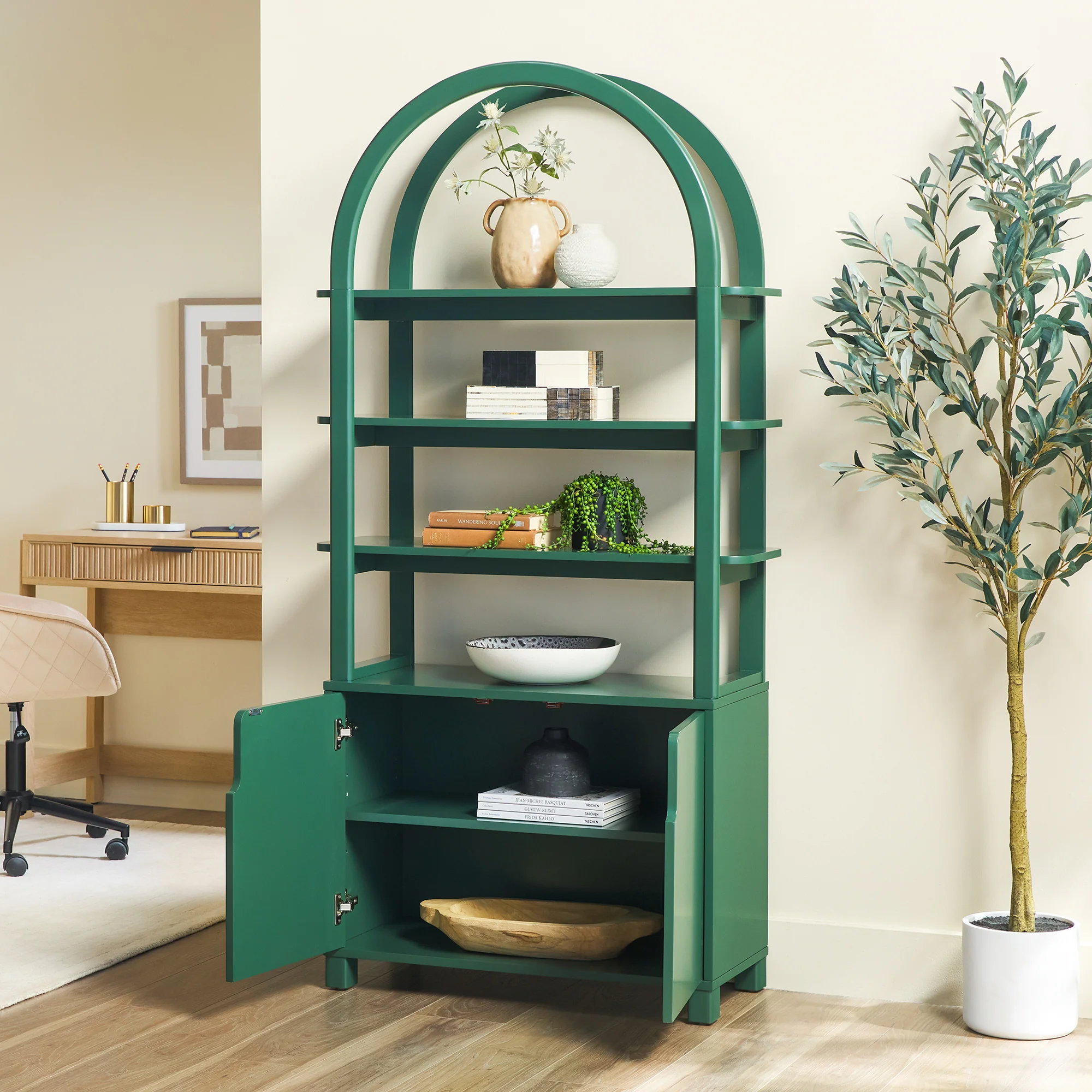 Zoey Modern Arched Wood Cabinet Storage Bookcase