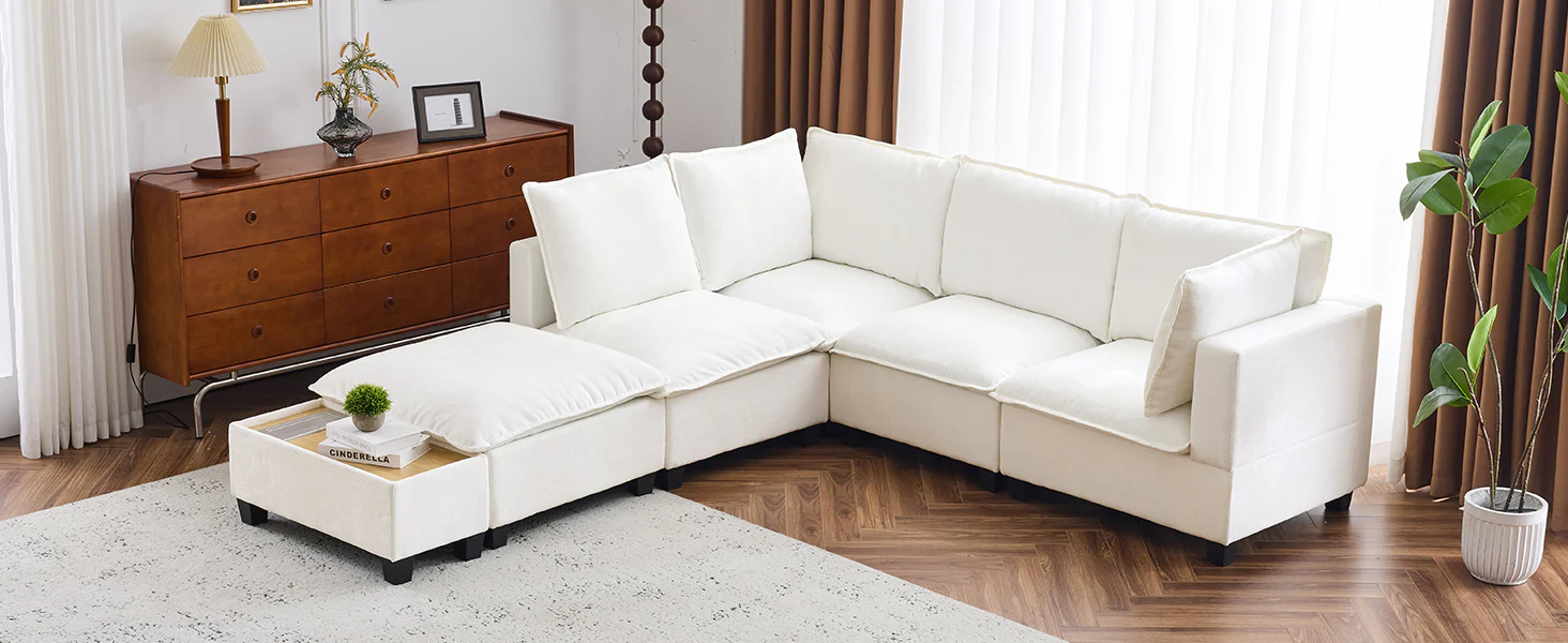 Walker Edison | Cloud Modular U-shaped Sectional Sofa with Ottoman and Coffee Table