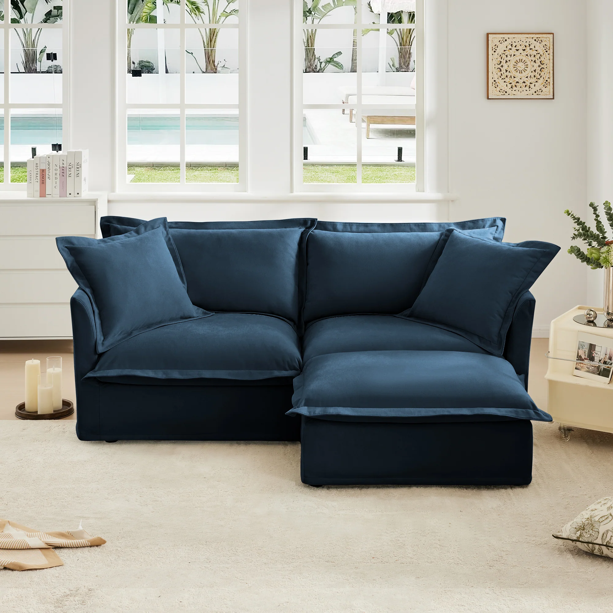 Walker Edison | Cloud Slipcovered Sectional Blue Sofa Ottoman