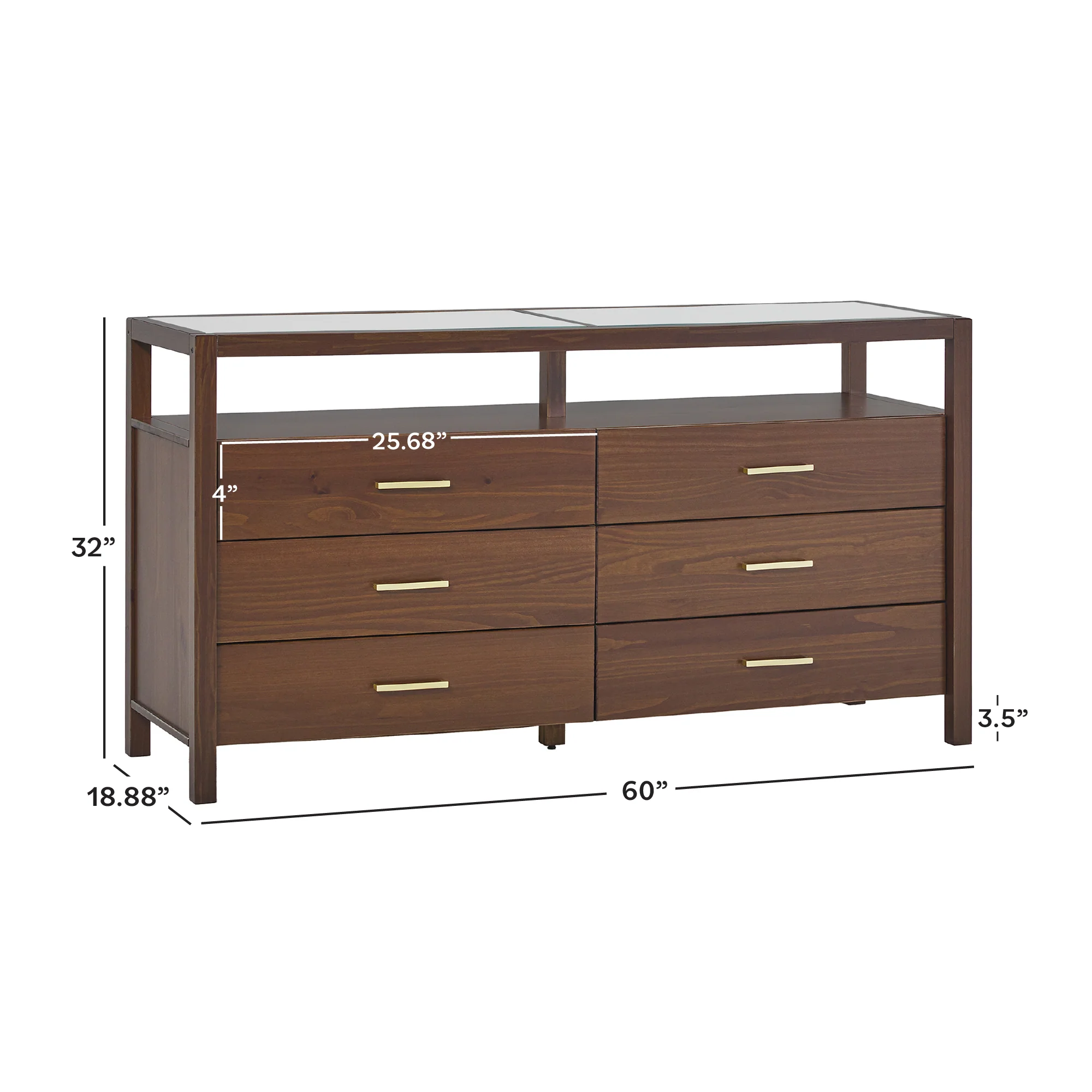 Isla Modern Easy Assembly Solid Wood 6-Drawer Dresser with Glass Top