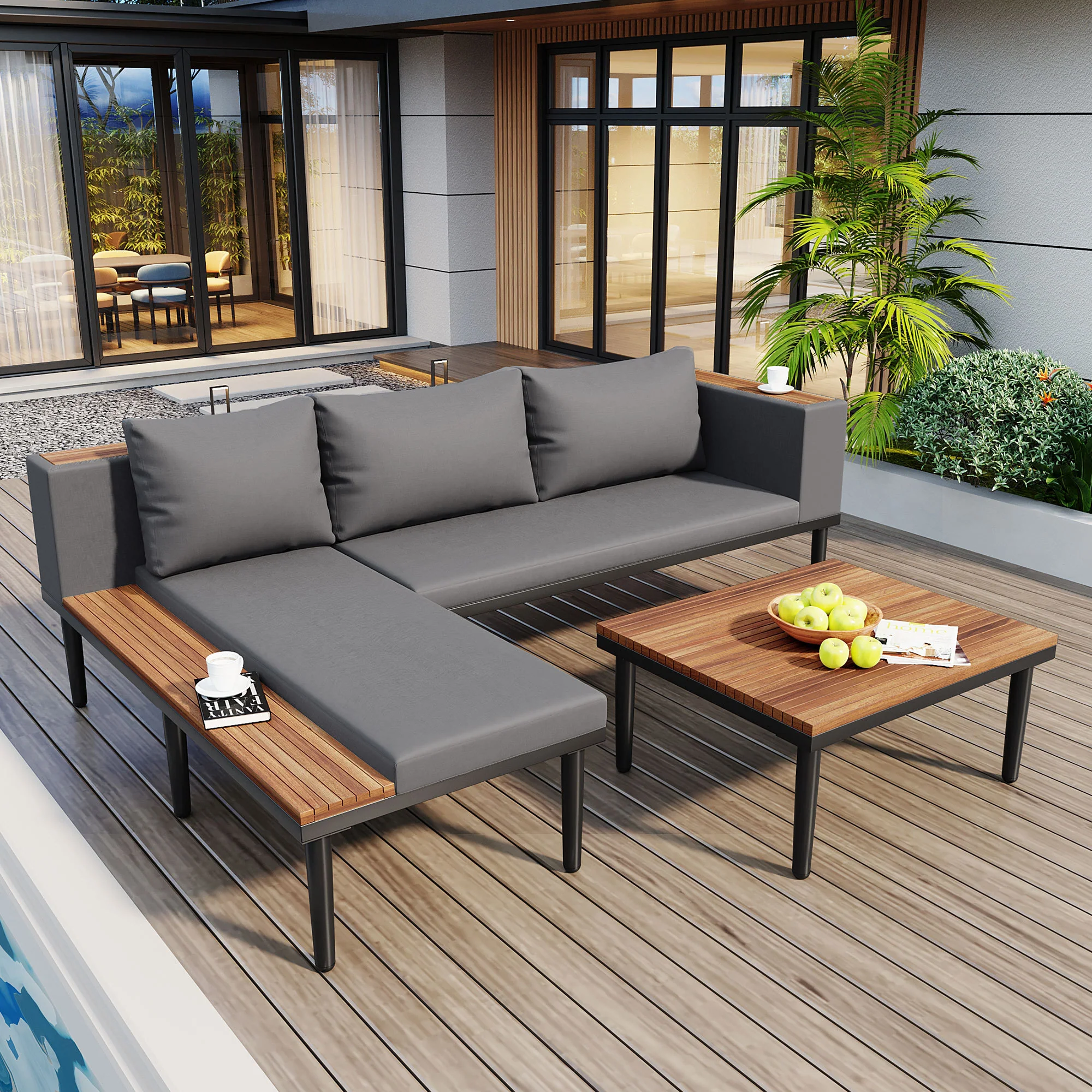 Walker Edison | Acacia Wood Outdoor Patio Sofa Set with Side Table