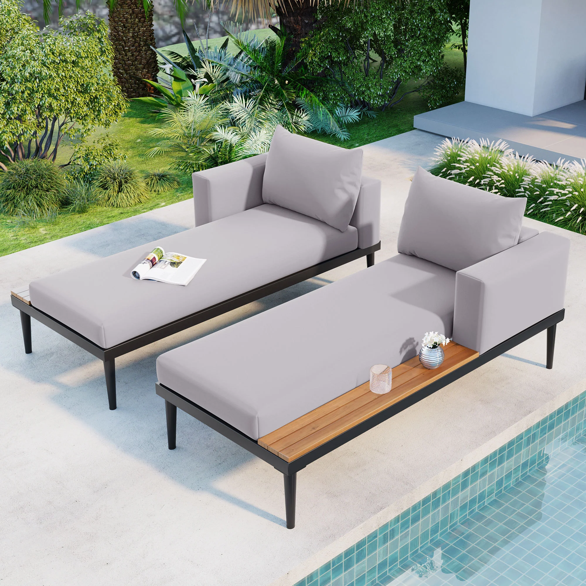 Walker Edison | Modern Outdoor Patio Daybed with Wood Topped Side Tables