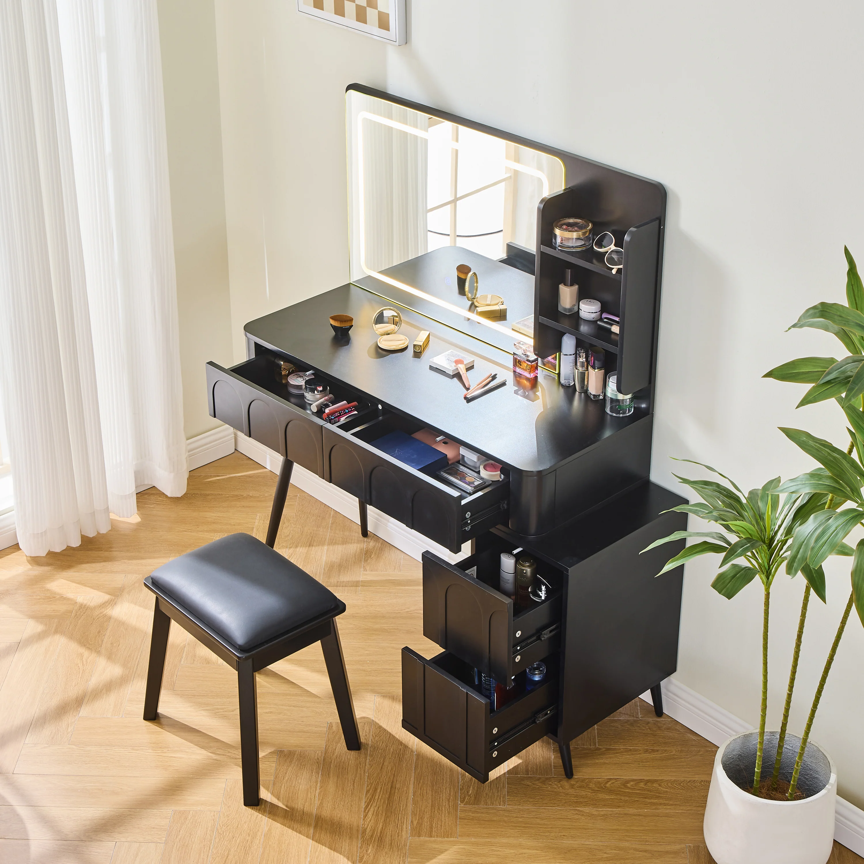 Walker Edison | Modern Makeup Vanity Desk with LED Lights & Mirror