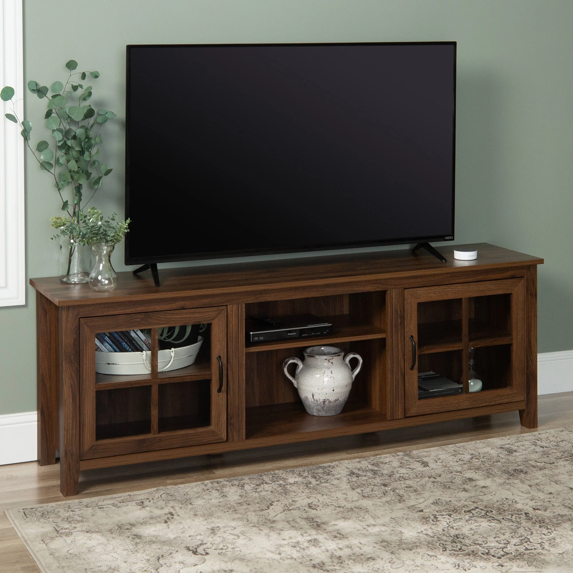 Farmhouse 70 Simple Window Pane 2 Door Wood TV Stand