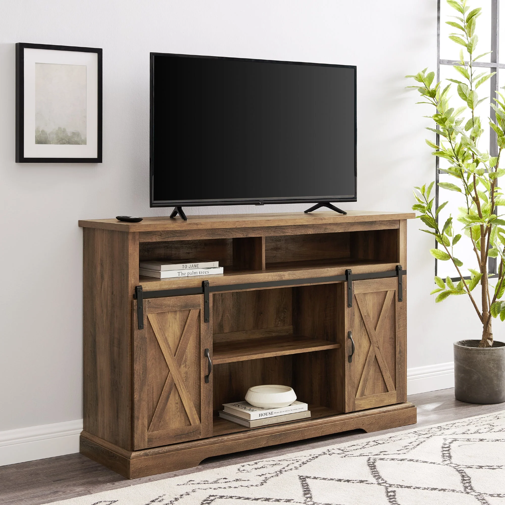 Farmhouse 52 Sliding Barn Door Highboy Modern TV Stand
