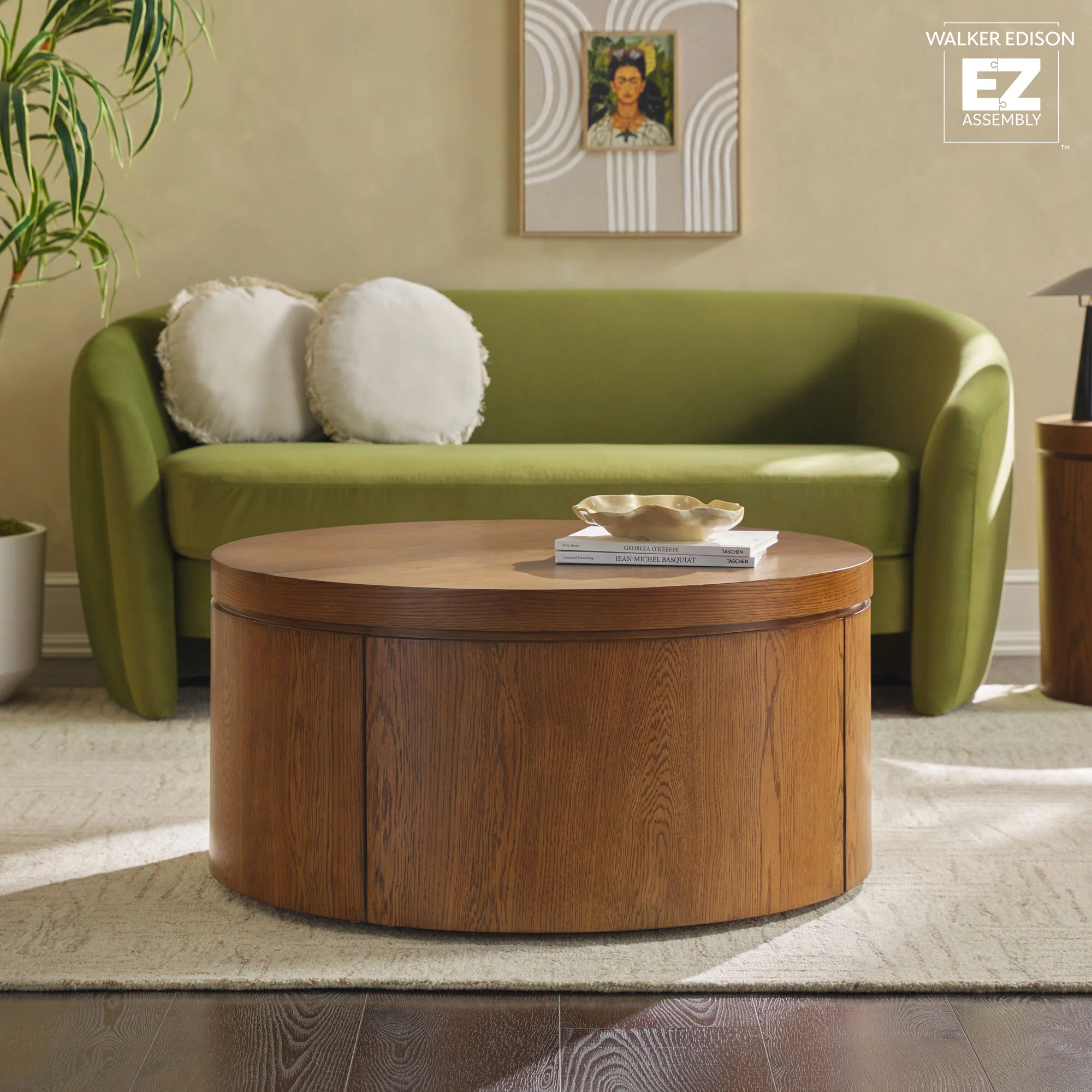 Maya 36 Modern Easy Assembly Round Oak Wood Veneer Coffee table with Storage